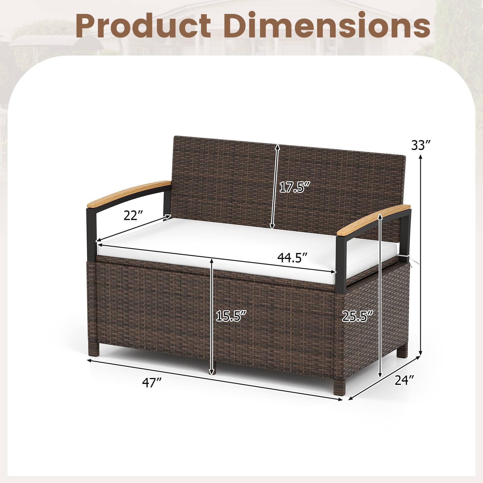 Product Dimensions

- Length: 47"
- Width: 22"
- Height: 33"
- Seat Height: 15.5"
- Seat Depth: 25.5"
- Back Height: 17.5"
- Arm Height: 24"
- Overall Width: 44.5"