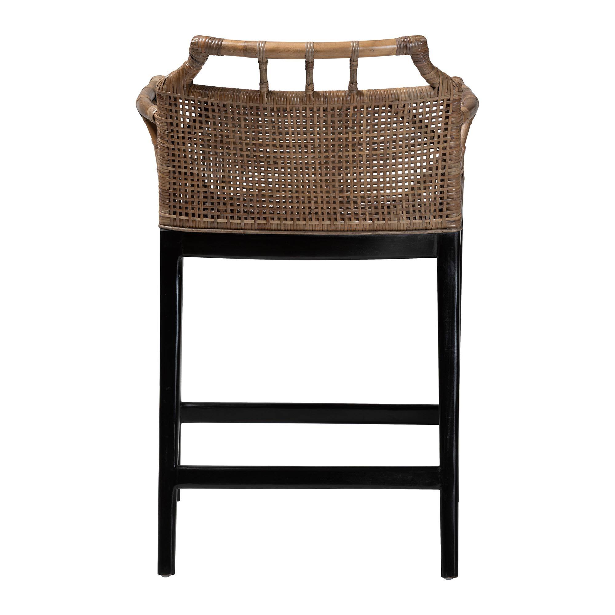 Back. bali & pari - Abiel Natural Rattan Counter Stool with Arms and Removable Cushion – Handwoven Wicker Stool with Mahogany Wood Frame - Greywash/Black.