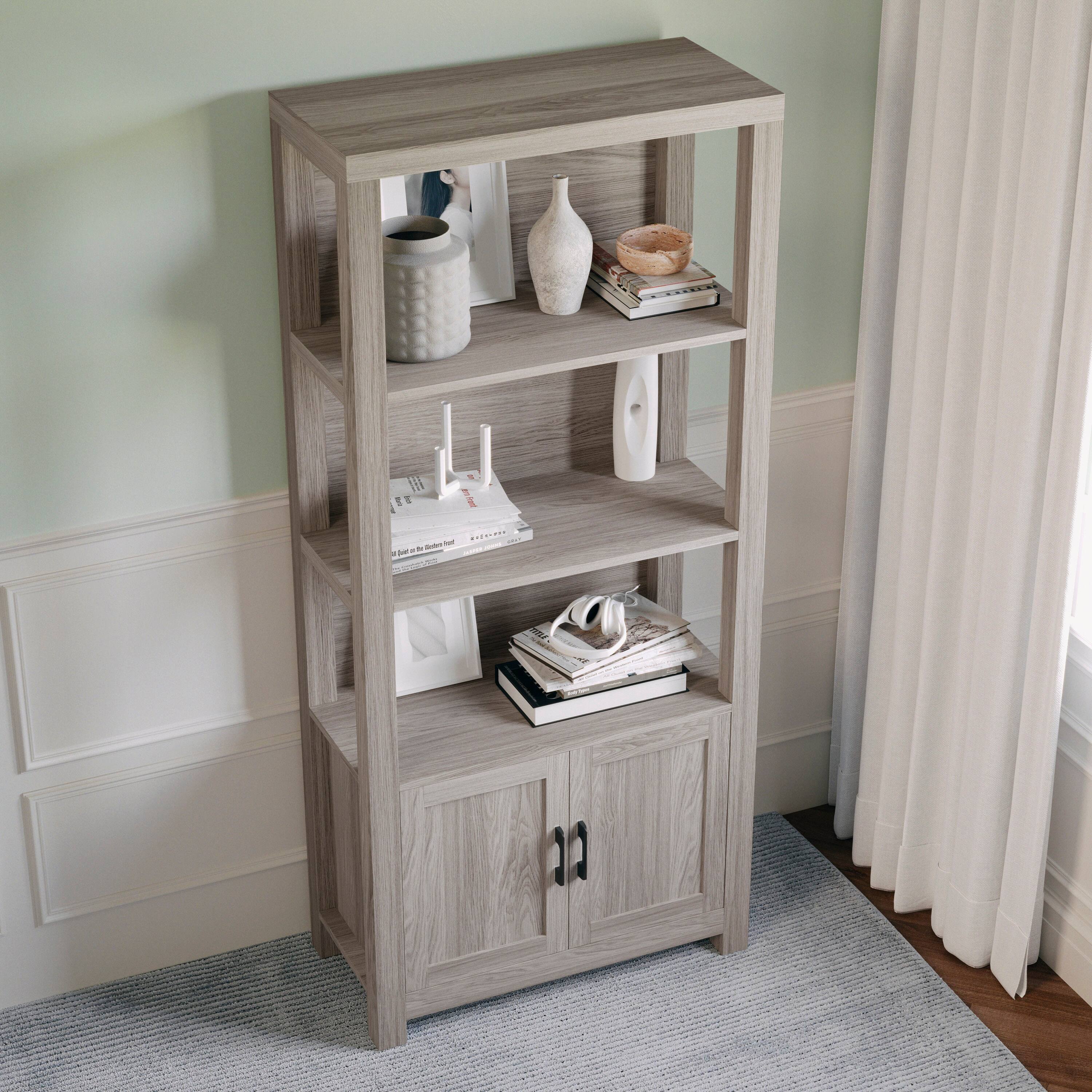 Alt View 7. Martha Stewart - Hutton Gray Wash 4 Tier Shaker Style Bookcase with Cabinet - Gray Frame/Oil Rubbed Bronze Hardware.