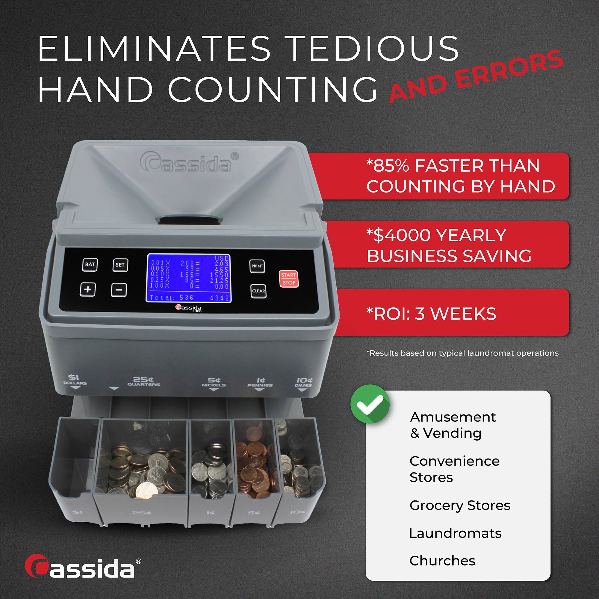 ELIMINATES TEDIOUS HAND COUNTING AND ERRORS

*85% FASTER THAN COUNTING BY HAND

*$4000 YEARLY BUSINESS SAVING

*ROI: 3 WEEKS

*Results based on typical laundromat operations

Amusement & Vending
Convenience Stores
Grocery Stores
Laundromats
Churches