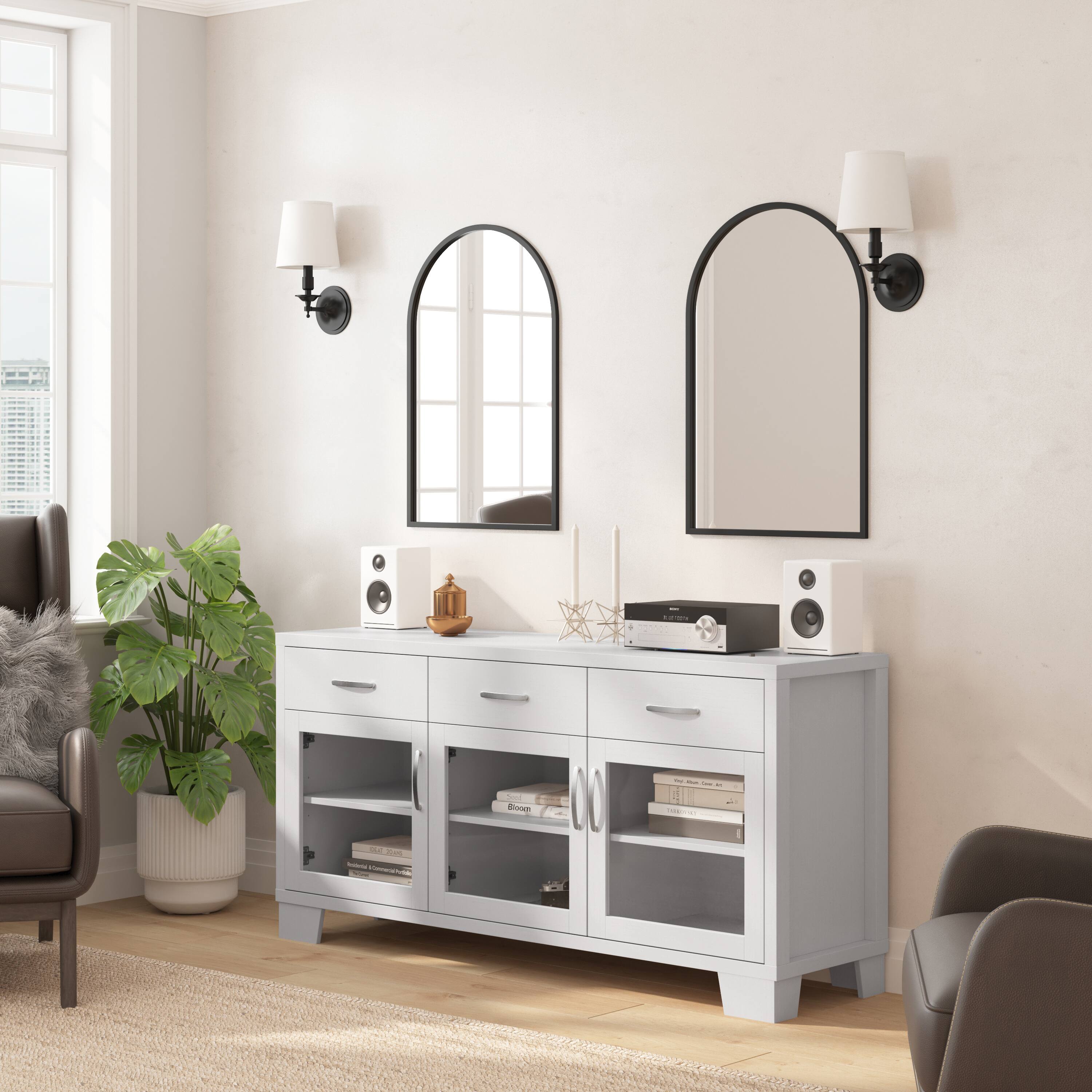 Alt View 2. Flash Furniture - Wells White 59 Inch Modern Kitchen and Dining Room Buffet Sideboard Storage Cabinet, Engineered Wood with 3 Tempered Gla - White.