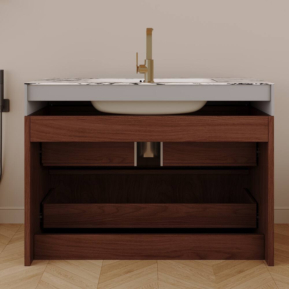 Alt View 3. Loheer - Loheer 30 inch floating bathroom vanity Walnut Modern Wall Mounted Cabinet with Ceramic Sink - Walnut, White.