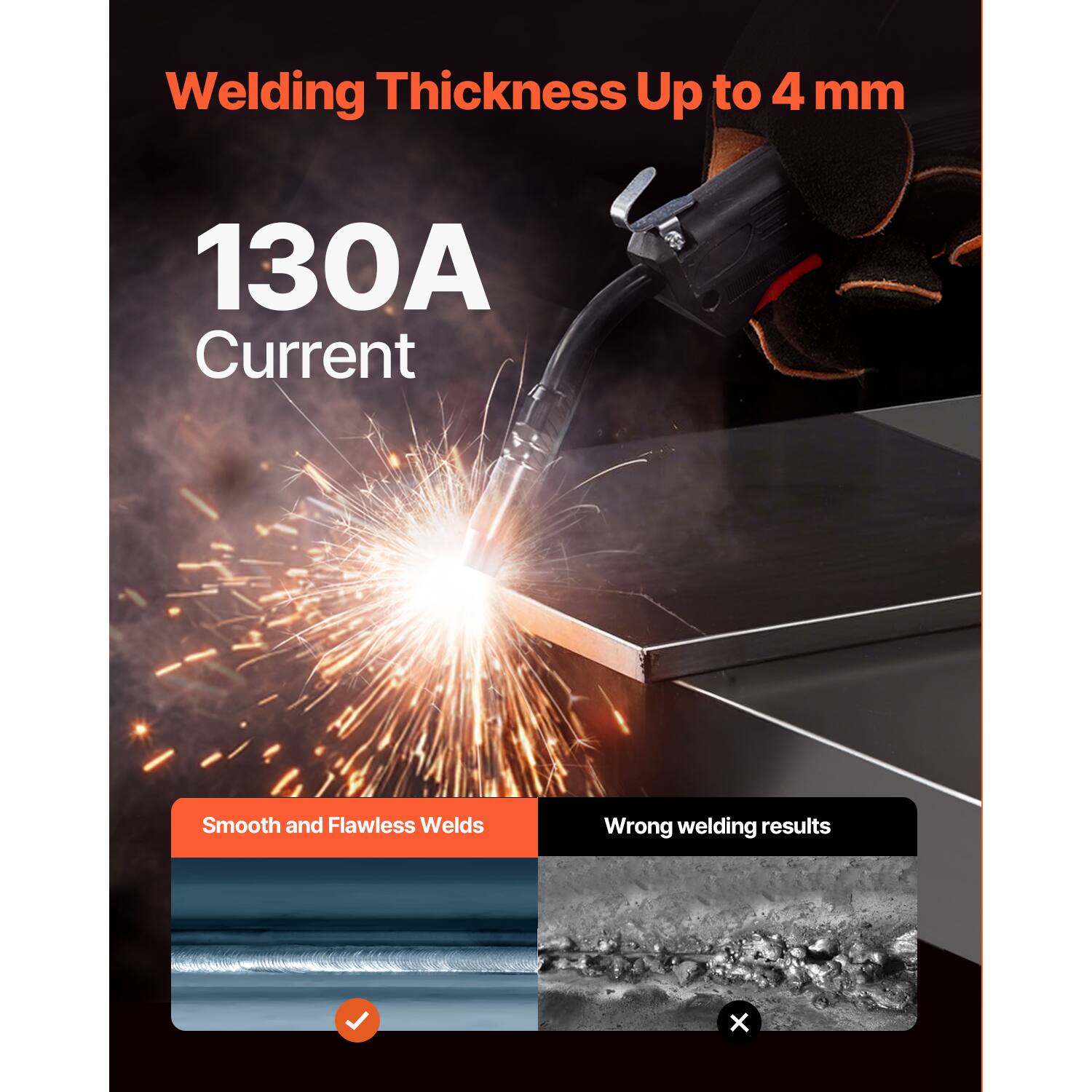 Welding Thickness Up to 4 mm  
130A Current  
Smooth and Flawless Welds  
Wrong welding results