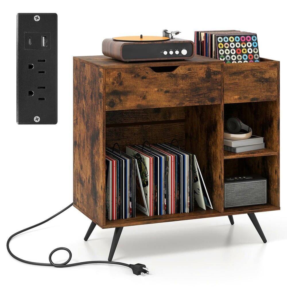 Front. Kadyn - Turntable Stand with Built-In Electrical Power Outlet, Rustic Brown - Brown.
