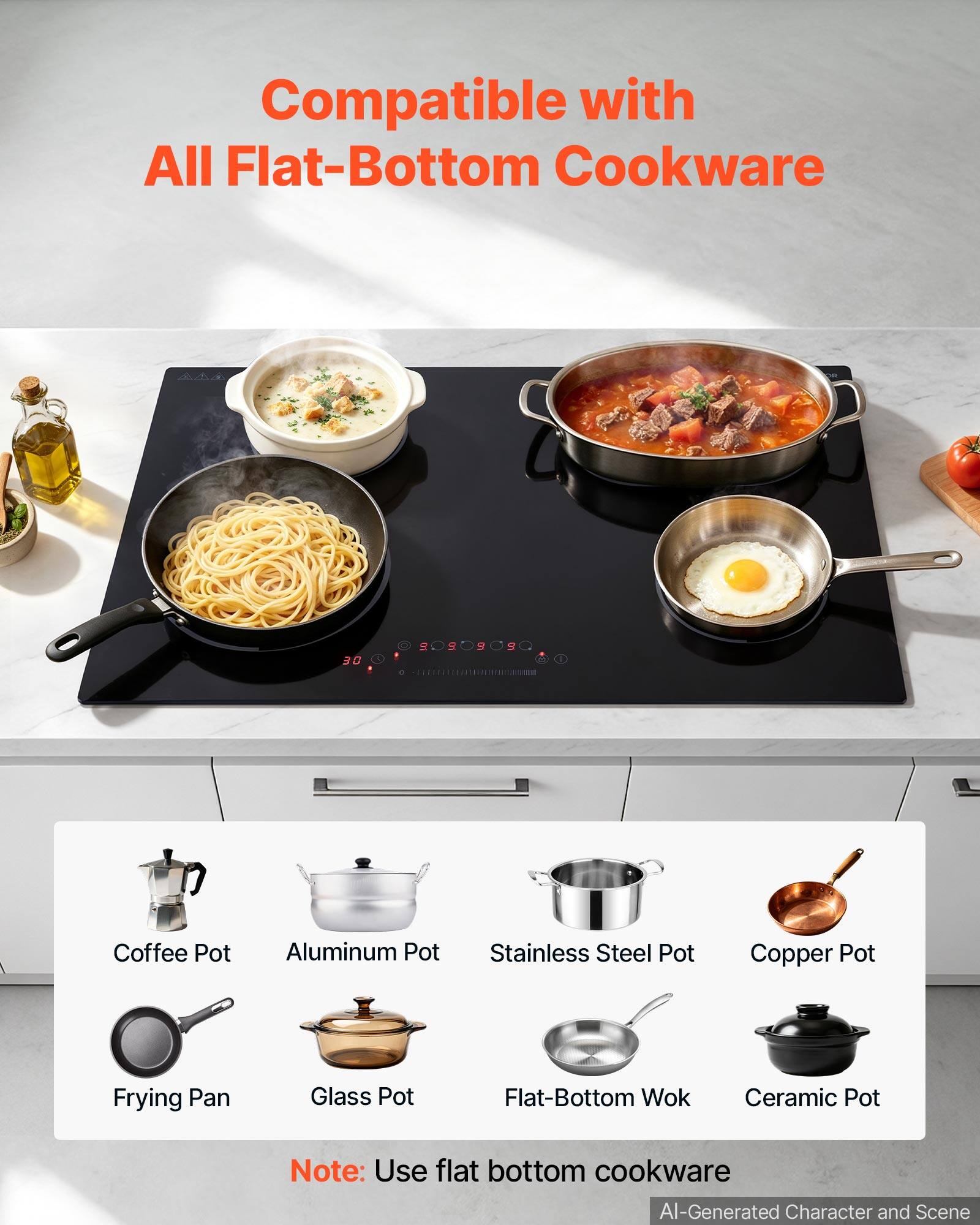 Compatible with All Flat-Bottom Cookware

30
5
5
9
P

Coffee Pot
Aluminum Pot
Stainless Steel Pot
Copper Pot
Frying Pan
Glass Pot
Flat-Bottom Wok
Ceramic Pot

Note: Use flat bottom cookware

AI-Generated Character and Scene