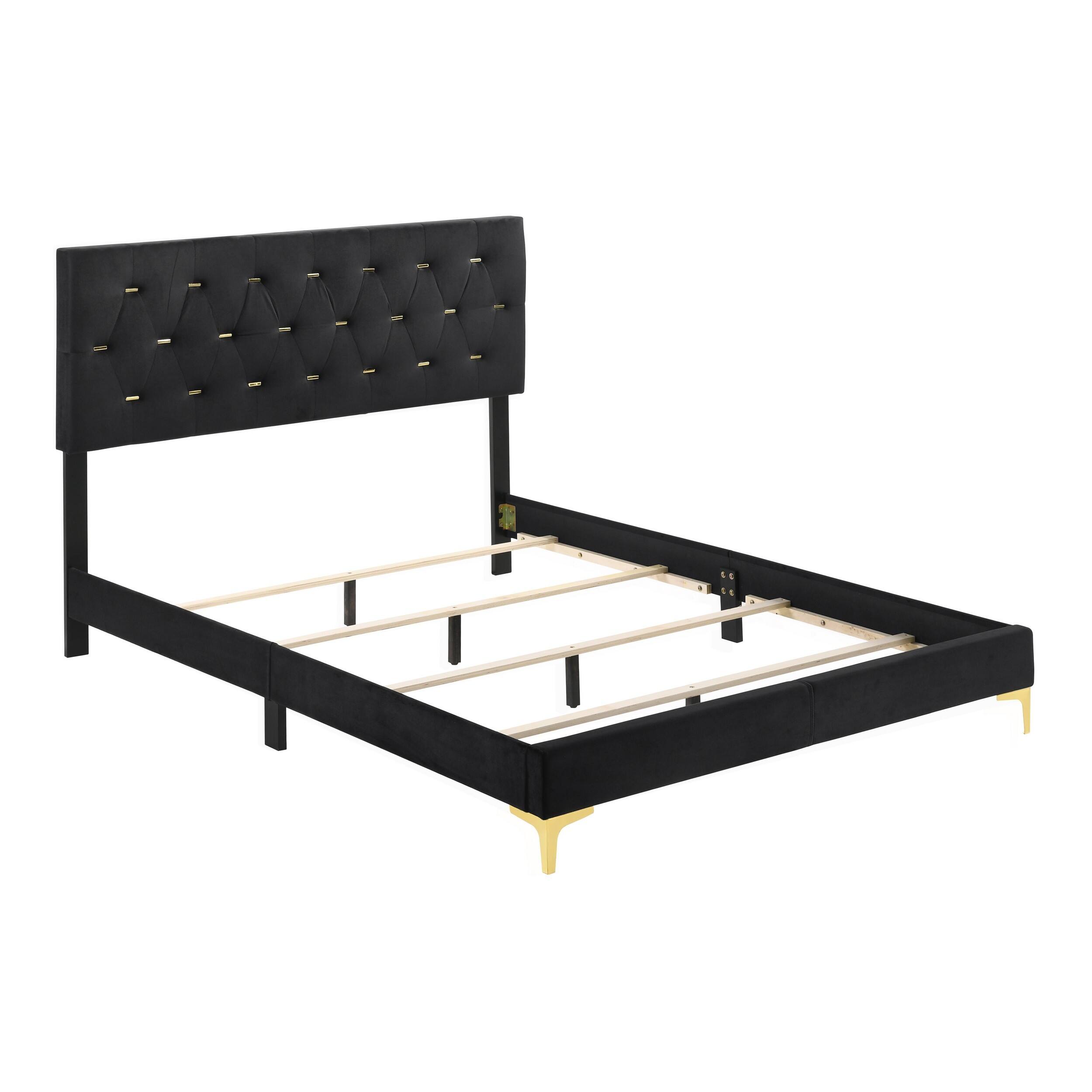 Alt View 1. Manhattan Lane - Lif Platform Queen Size Bed, Panel Tufted Headboard - Black, Gold.