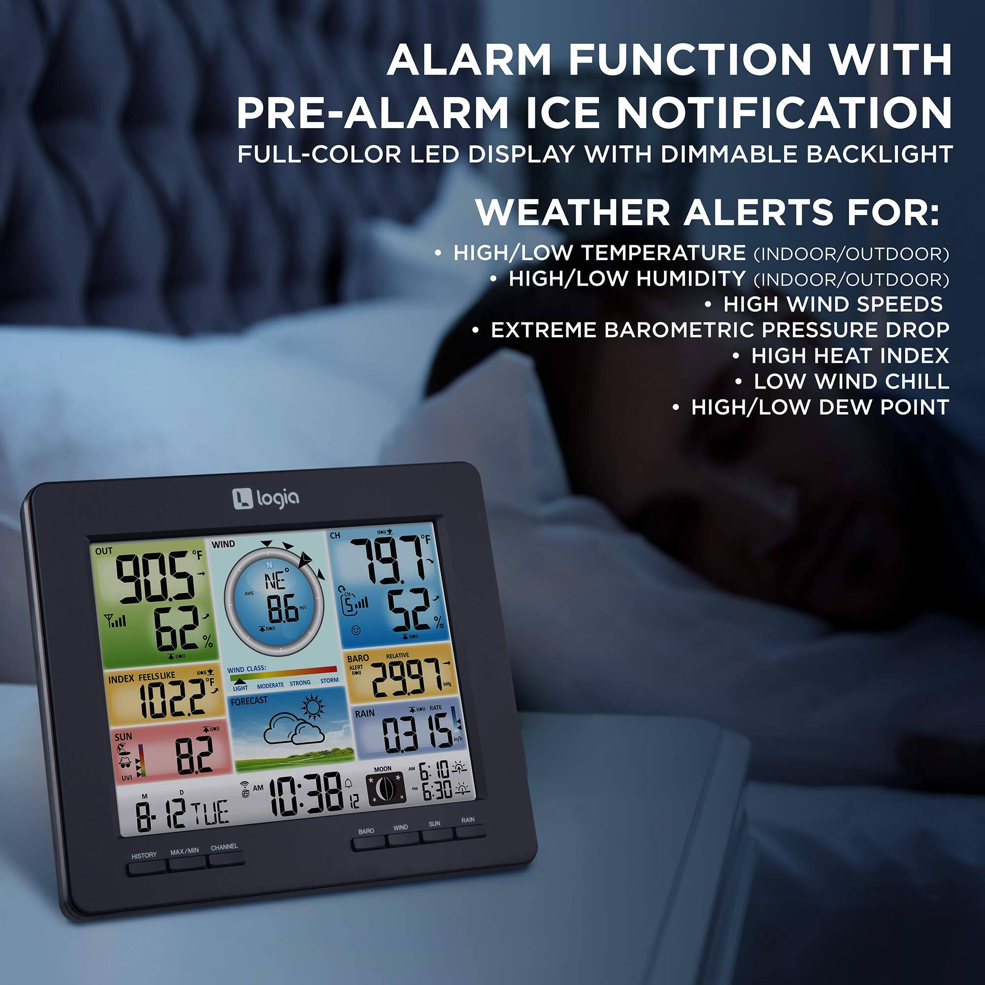 ALARM FUNCTION WITH PRE-ALARM ICE NOTIFICATION
FULL-COLOR LED DISPLAY WITH DIMMABLE BACKLIGHT
WEATHER ALERTS FOR:
HIGH/LOW TEMPERATURE (INDOOR/OUTDOOR)
HIGH/LOW HUMIDITY (INDOOR/OUTDOOR)
HIGH WIND SPEEDS
EXTREME BAROMETRIC PRESSURE DROP
HIGH HEAT INDEX
LOW WIND CHILL
HIGH/LOW DEW POINT
logia
CH F WIND oUt F 905 NE A 79.7 86
all Tall 62 4m 52 %
BARO NLATVE W TLAM LT -. INDEX FEELSUKE - 2997 MUT SON au 1022
FORECAST RAIN SEs SUN 0315 I 82 - & L AM 6:30
. 10:38 12 8 12 TUE -ND sm BARS BARO MA/MN CHANPEL HISTORY