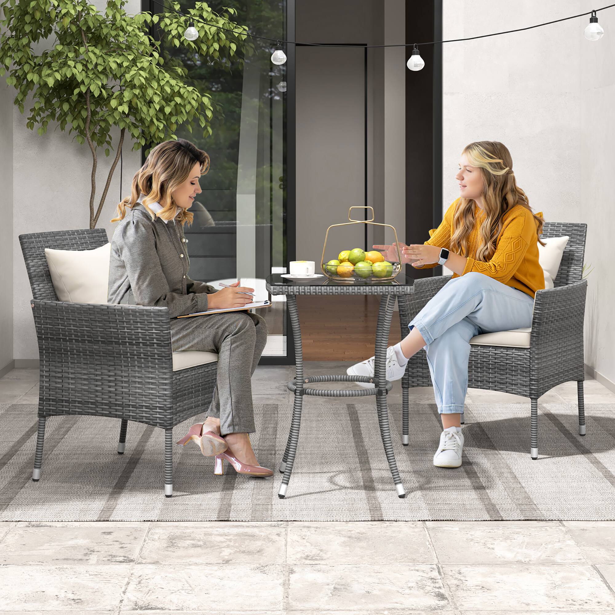 Alt View 3. Gymax - Gymax 3-Piece Patio Furniture Set PE Wicker Conversation Bistro Set w/ A Tempered Glass Table - Mix Gray, Off White.