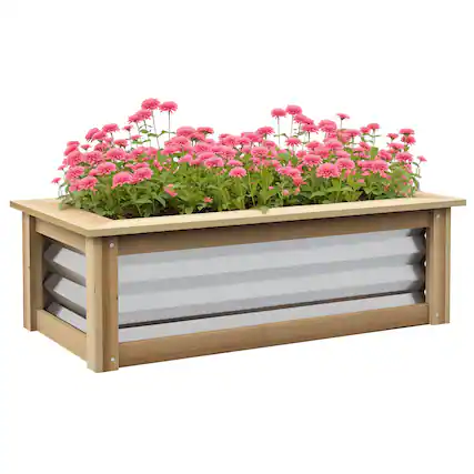 Front. Outsunny - Garden Bed, Planter Box, Metal and Wood Combined, for Growing Flowers - Silver and Natural.
