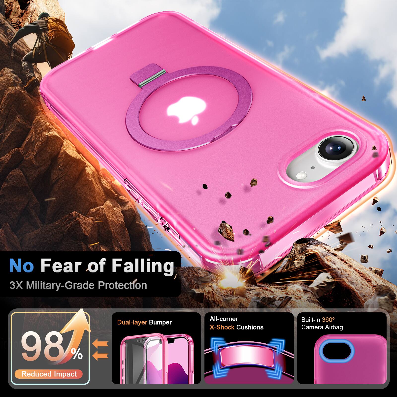 No Fear of Falling  
3X Military-Grade Protection  

98% Reduced Impact  
Dual-layer Bumper  
All-corner X-Shock Cushions  
Built-in 360° Camera Airbag