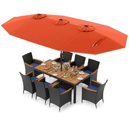Costway - 11 PCS Patio Wicker Dining Set with Double-Sided Outdoor Umbrella 8 Stackable Chairs - Orange+Navy
