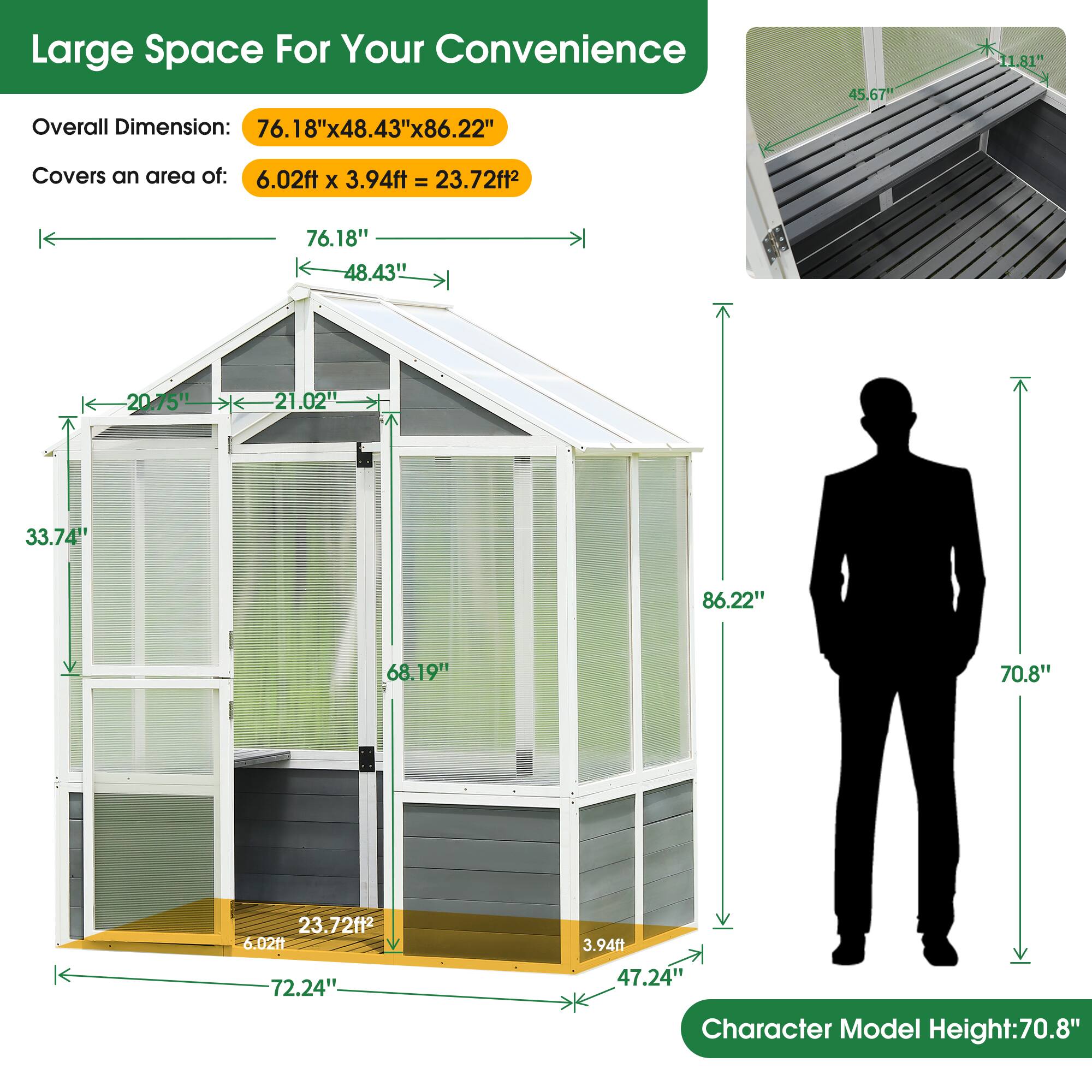 Angle. TinyHomie - Wooden Greenhouse Polycarbonate Garden Shed for Plants 76FT x 48FT x 86FT Walk-in Outdoor Plant Gardening Greenhouse.