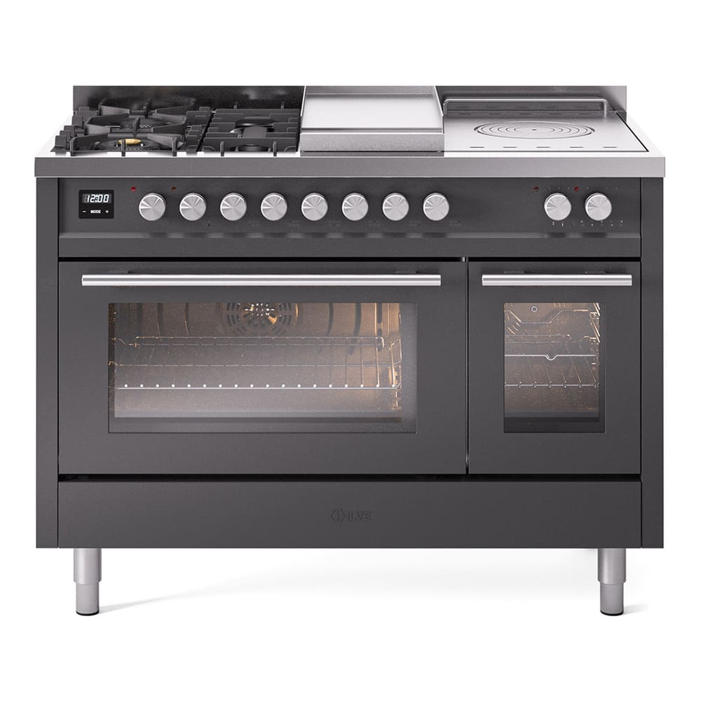 ILVE - Professional Plus II Series 48 in. Dual Fuel Range with 5 Sealed Burners + Griddle (Natural Gas, Satin Trim) - Graphite Matte