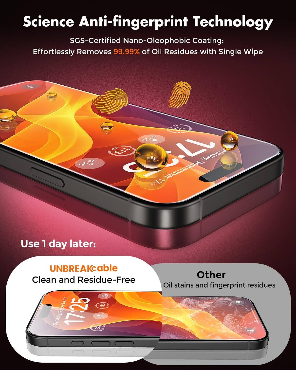 Science Anti-fingerprint Technology  
SGS-Certified Nano-Oleophobic Coating: Effortlessly Removes 99.99% of Oil Residues with Single Wipe

Use 1 day later:  
UNBREAKable  
Clean and Residue-Free

Other  
Oil stains and fingerprint residues