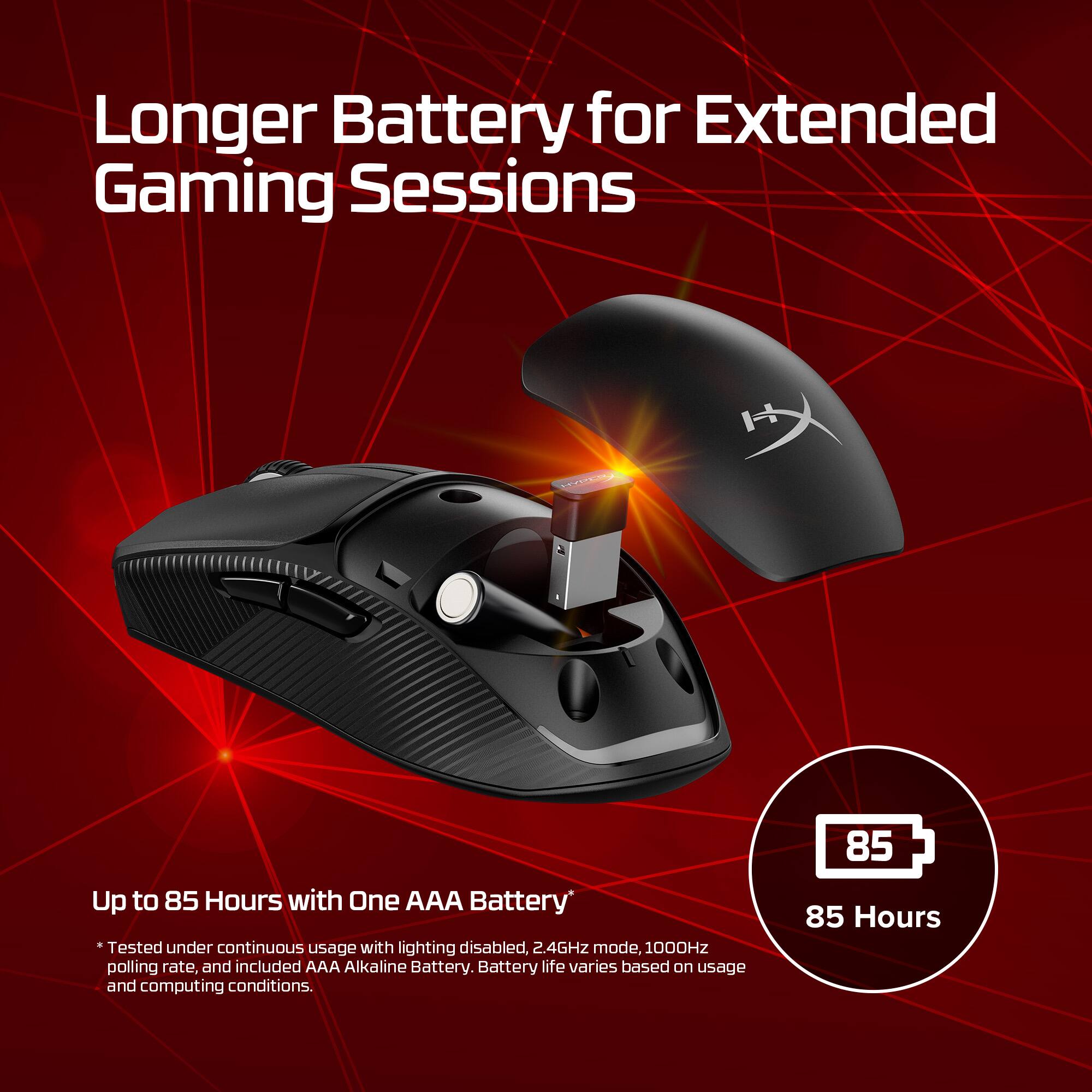 Longer Battery for Extended Gaming Sessions: Up to 85 Hours with One AAA Battery. Tested under continuous usage with lighting disabled, 2.4GHz mode, 1000Hz polling rate, and included AAA Alkaline Battery. Battery life varies based on usage and computing conditions.