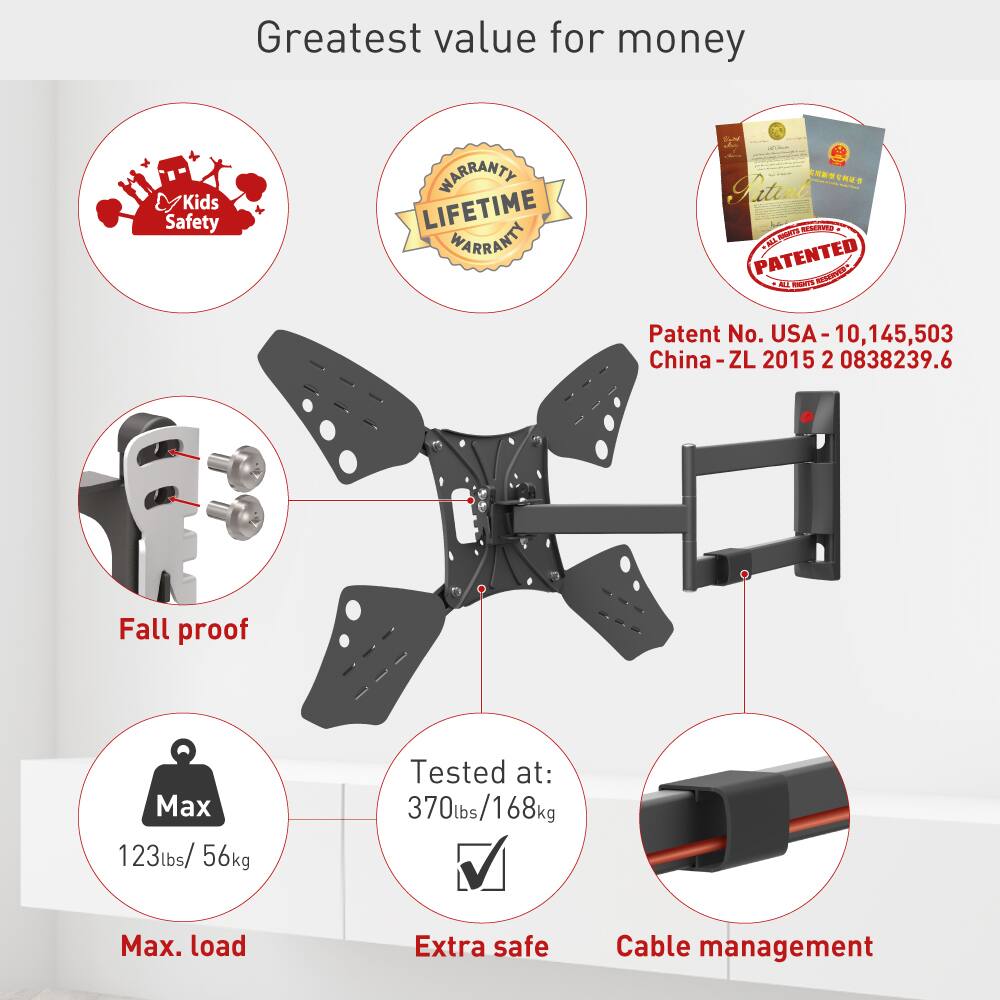 Greatest value for money

Kids Safety

LIFETIME WARRANTY

Patent No. USA - 10,145,503
China - ZL 2015 2 0838239.6

Fall proof
Max 123lbs/ 56kg

Tested at: 370lbs/168kg

Max. load

Extra safe

Cable management