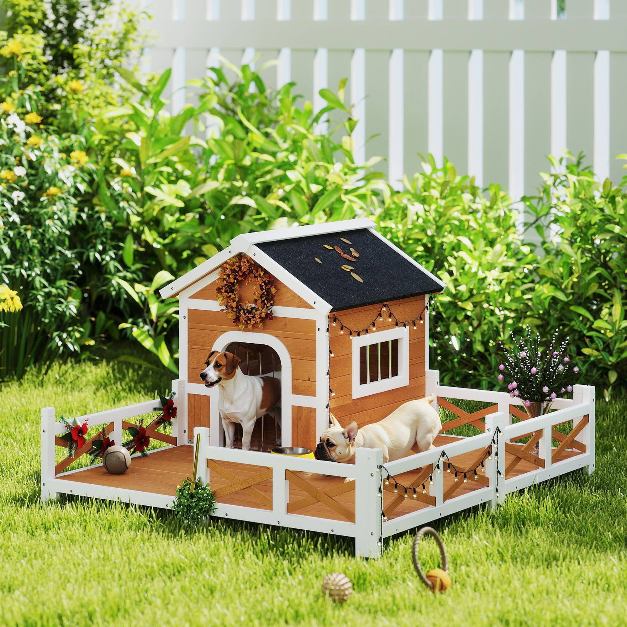 Alt View 1. Pawhut - Wooden Dog House, Dog Shelter with Large Porch, Weatherproof & Openable Roof, Elevated Base - Orange.