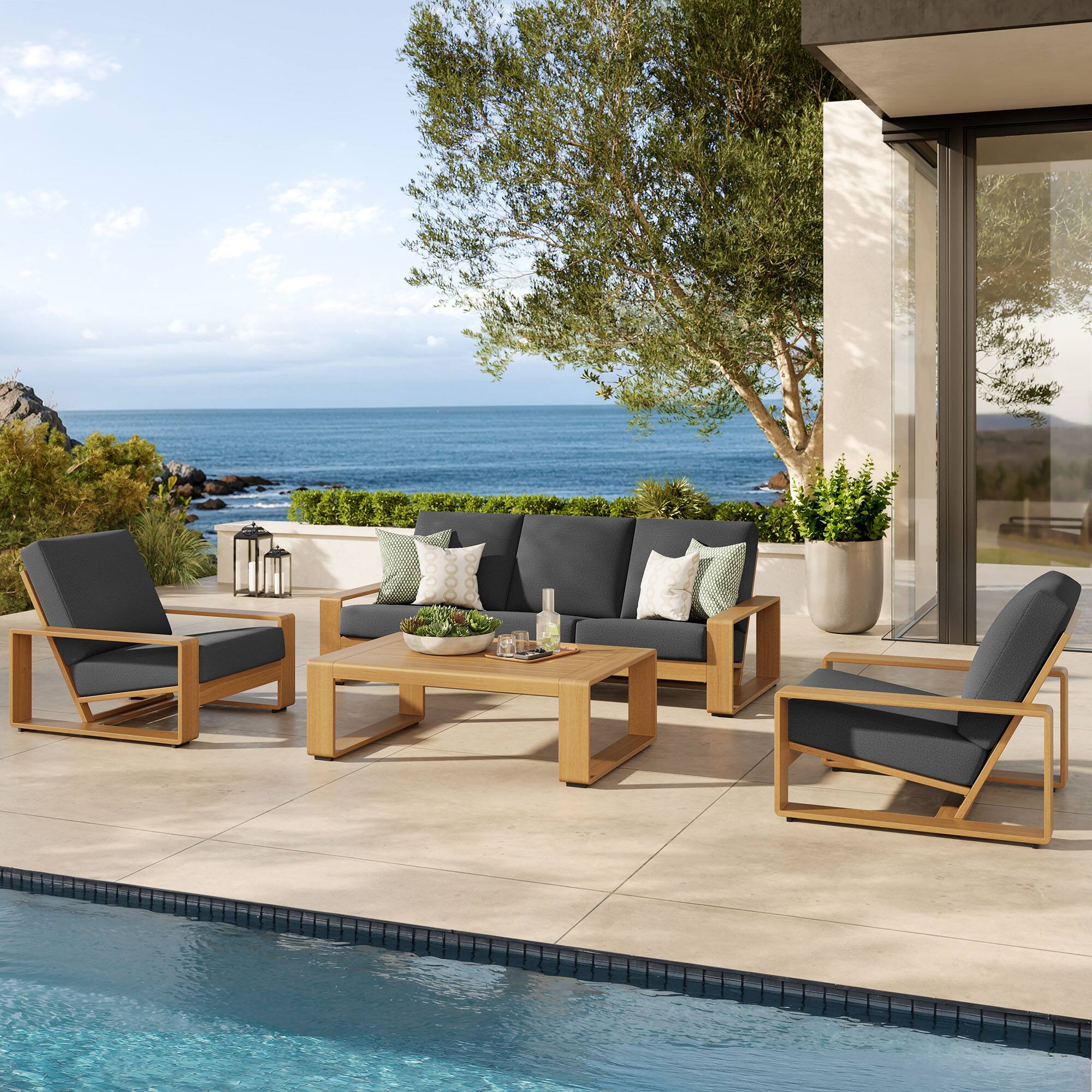 Alt View 6. Modway - Lirienne 4-Piece Outdoor Patio Aluminum Faux Wood Furniture Set - Charcoal Natural.