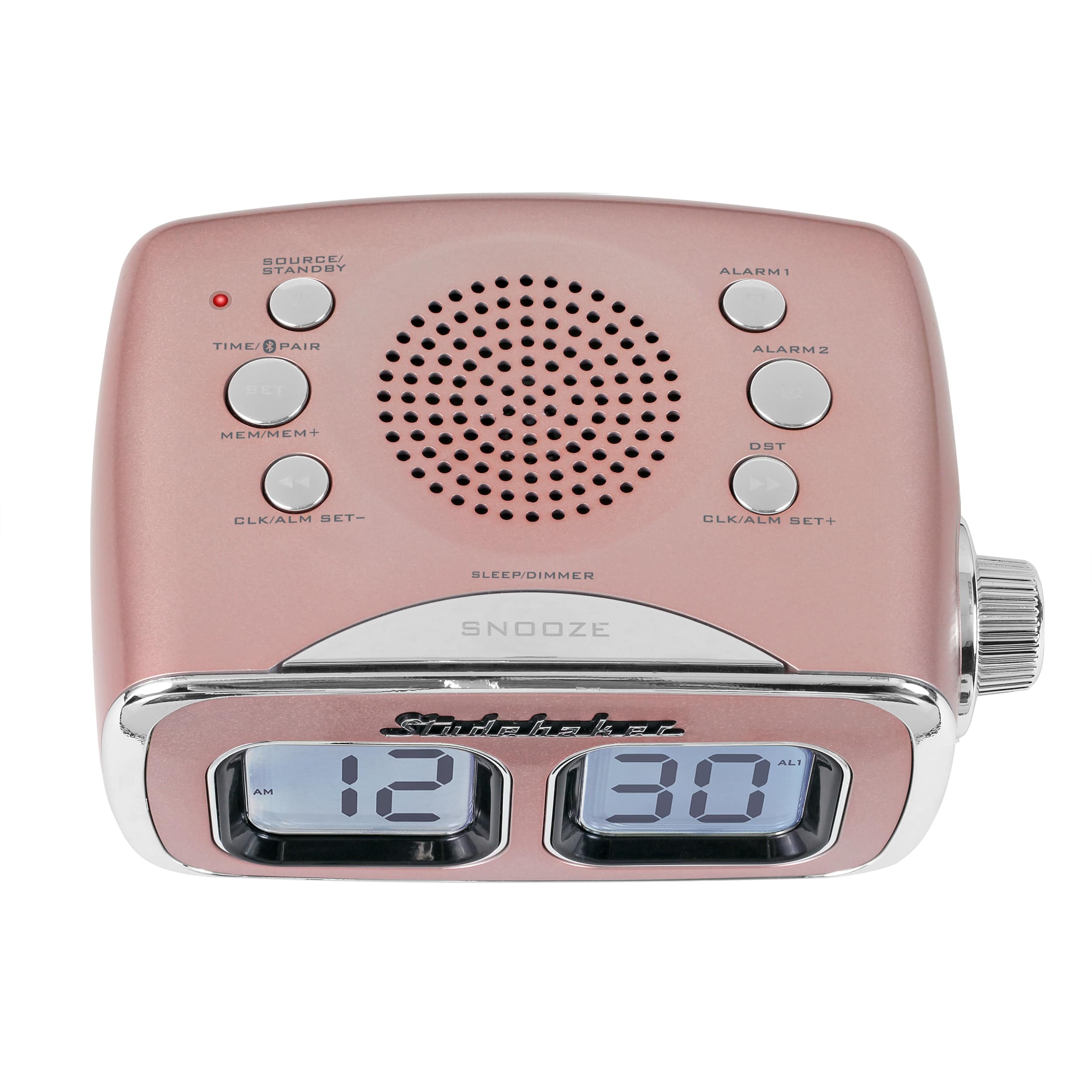 The image features a pink alarm clock with a built-in radio, which has a digital display showing the time of 12:30. The clock also has a snooze button, allowing users to set multiple alarms. The alarm clock is designed to be a standby alarm, providing a convenient way to keep track of time and set alarms.
