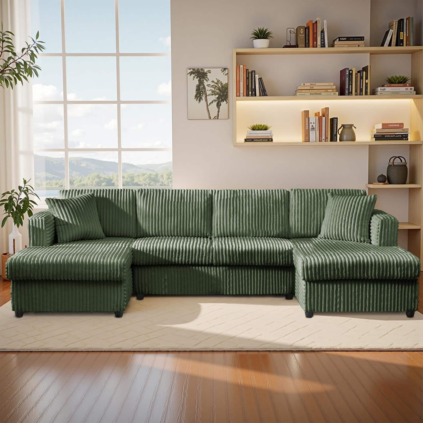 Meqiodas - 4 Seater Oversized Modular Sectional Sofa, U Shaped Extra Large Corduroy Couch with Double Chaises - Green