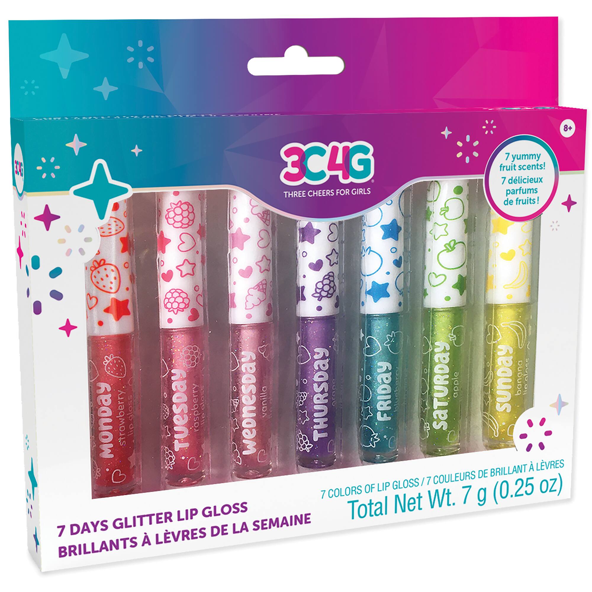 1. 3C4G Three Cheers for Girls 7 yummy fruit scents! 7 dlicieux parfums de fruits! 8+ THURSDAY FRIDAY SATURDAY apple SunDay banana olil closs TUESDay raspberry GIOs weonesDay vanilla MOnDay strawberry lio BRILLANT  LVRES COULEURS DE GLOSS 7 oz) COLORS OF LIP (0.25 7 Wt. 7 g GLOSS Total Net GLITTER LIP 7 DAYS DE LA SEMAINE  LVRES BRILLANTS