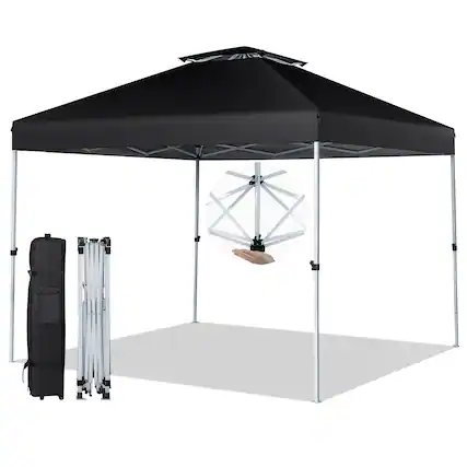 Front. Gymax - Gymax 2-Tier 10' x 10' Pop-up Canopy Tent Instant Gazebo Adjustable Carry Bag w/ Wheel - Black.