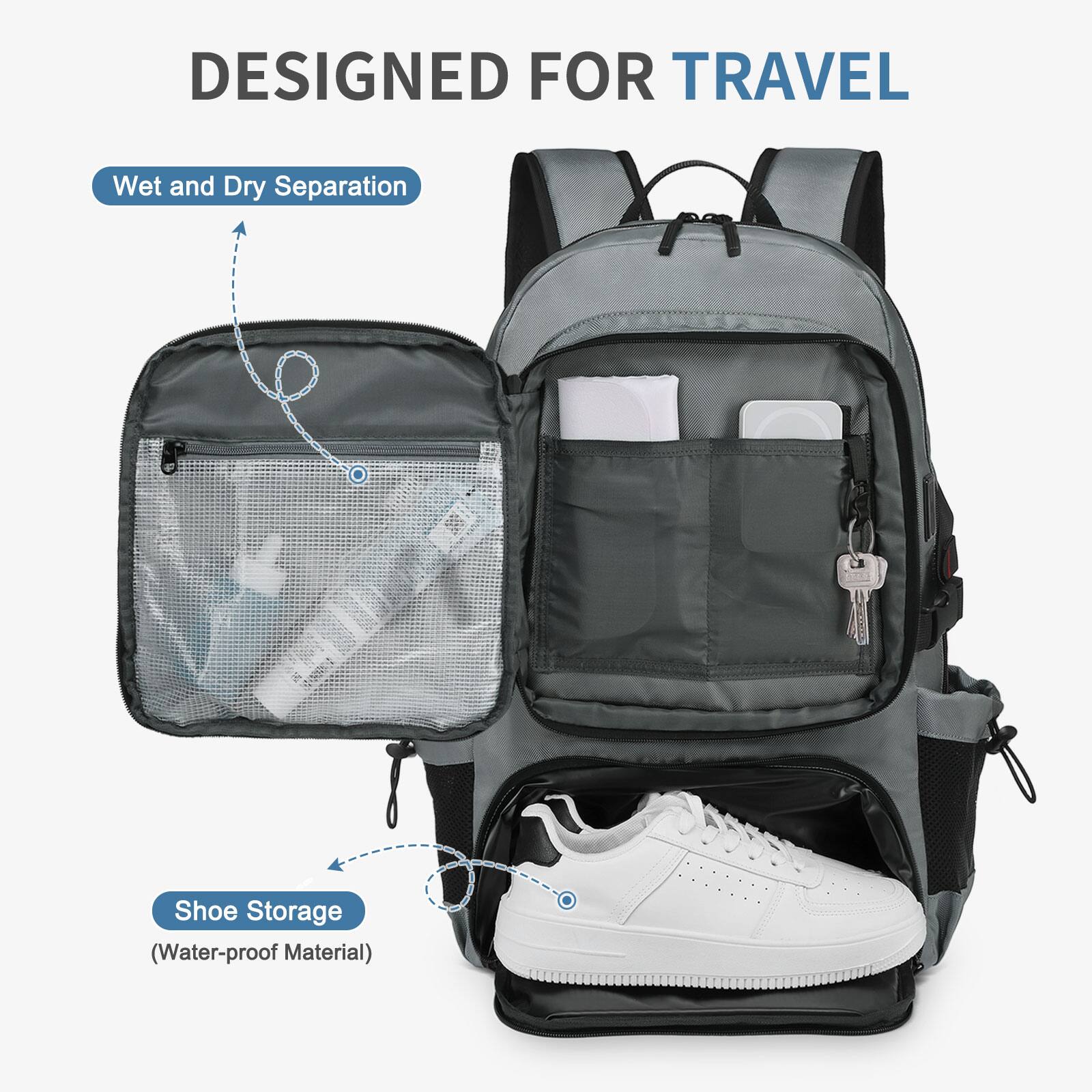 DESIGNED FOR TRAVEL

Wet and Dry Separation

PI Shoe Storage (Water-proof Material)