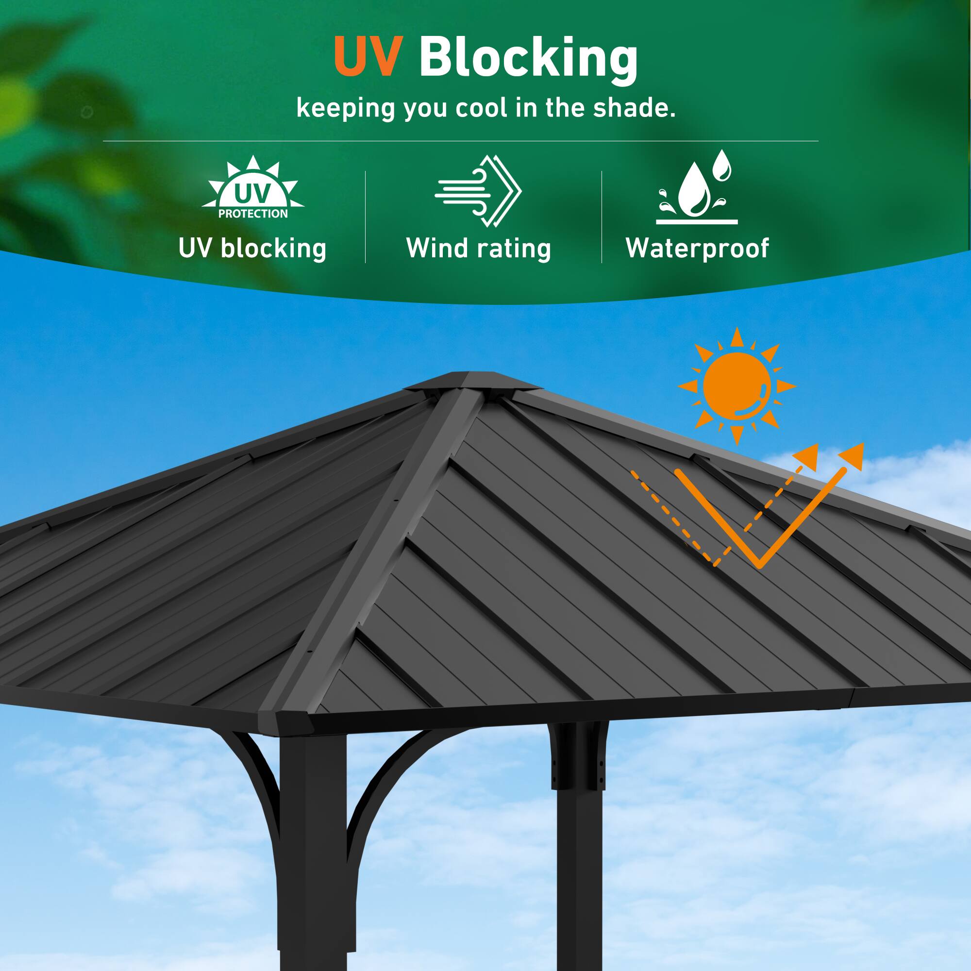 UV Blocking  
keeping you cool in the shade.  

- UV blocking  
- Wind rating  
- Waterproof