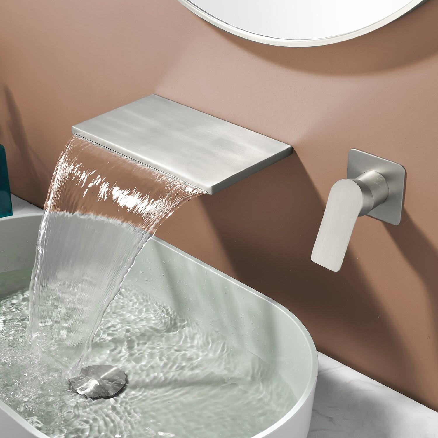 Alt View 2. Boyel Living - Brushed Wall Mount Faucet SUS304 Waterfall Spout Brass Body Single Handle 1/2NPT Thread - Brushed Nickel.