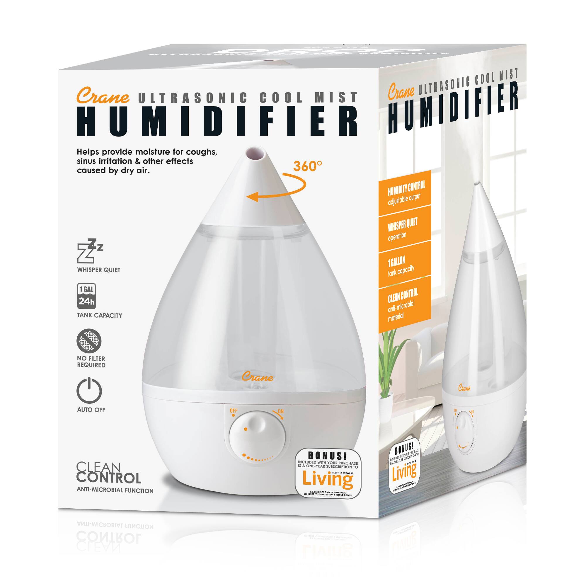 Alt View 12. CRANE - 1 Gal. Drop Ultrasonic Cool Mist Humidifier - Clear/White.