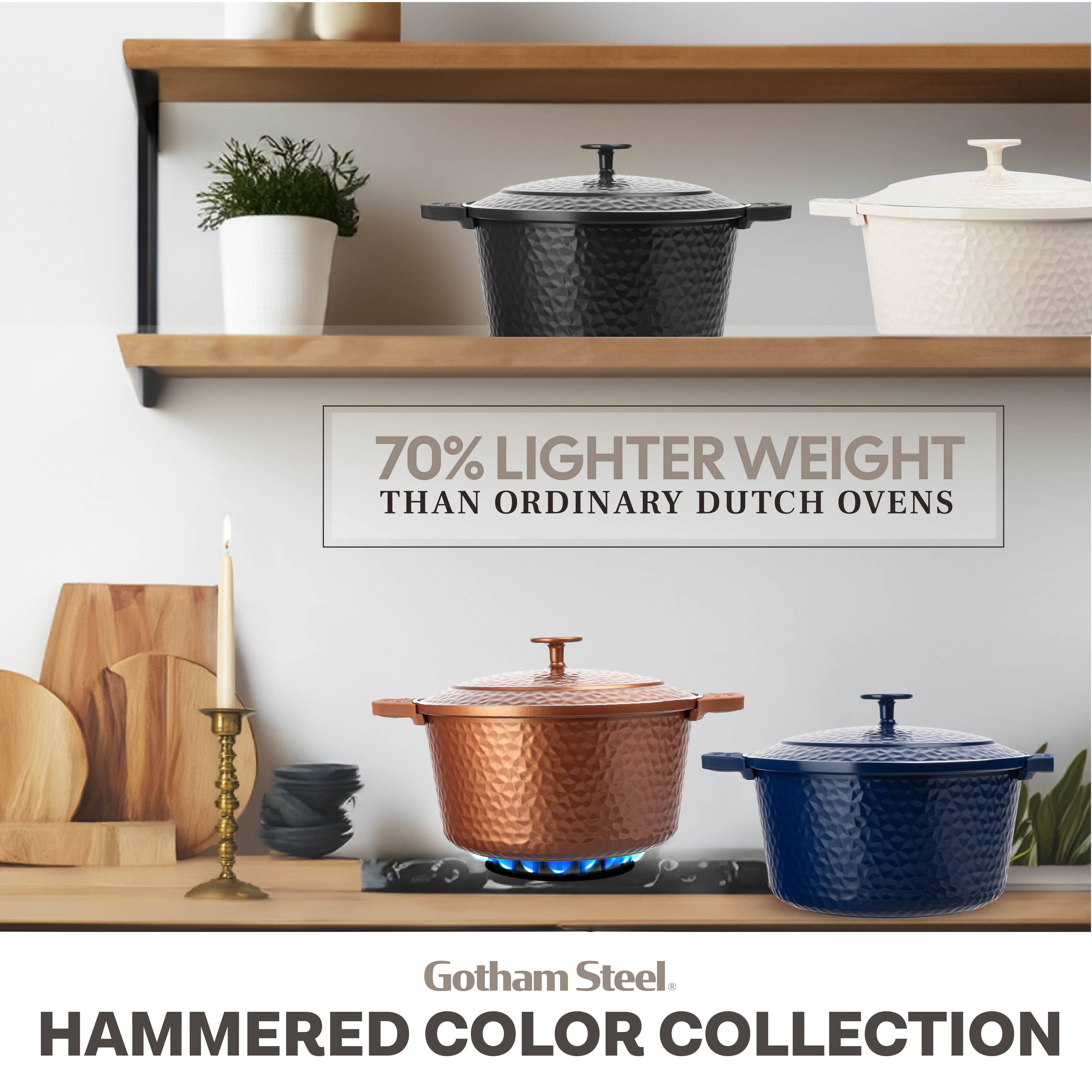 70% LIGHTER WEIGHT THAN ORDINARY DUTCH OVENS

Gotham Steel

HAMMERED COLOR COLLECTION
