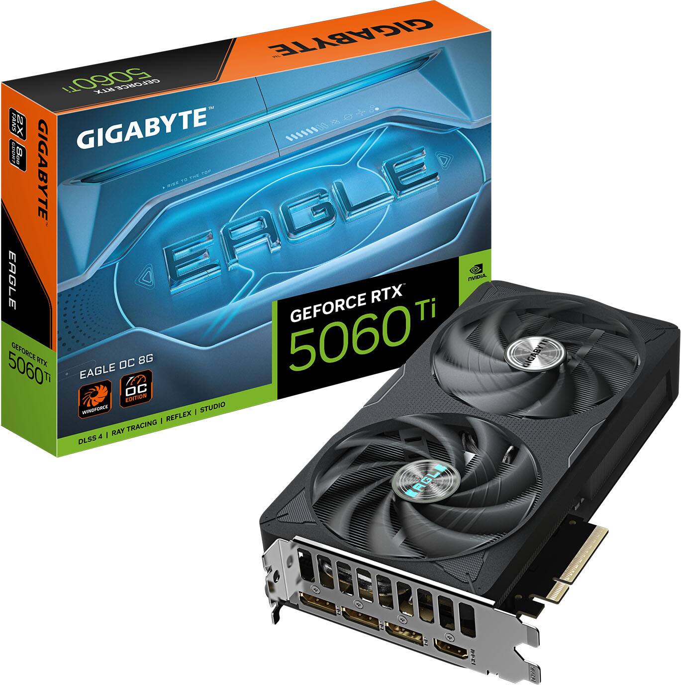 GIGABYTE - T1 5060 KIX 13WG I FANS wNO 6X GOPORT B GIGABYTE OE GIGABYTE EAGLE m 10/ T 23 EAGLE IEL RTX GEFORCE Ti 5060 GEFORCE RTX EAGLE OC 8G 5060 AKDID 1 OC EDITION WINDFOREE I STUDIO I REFLEX MAY TRACING a - DLSS RGLE 1244