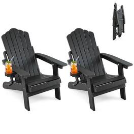 Gymax - 2PCS Folding Adirondack Chair w/ 5-Level Backrest Wooden Textured for Lawn - Black