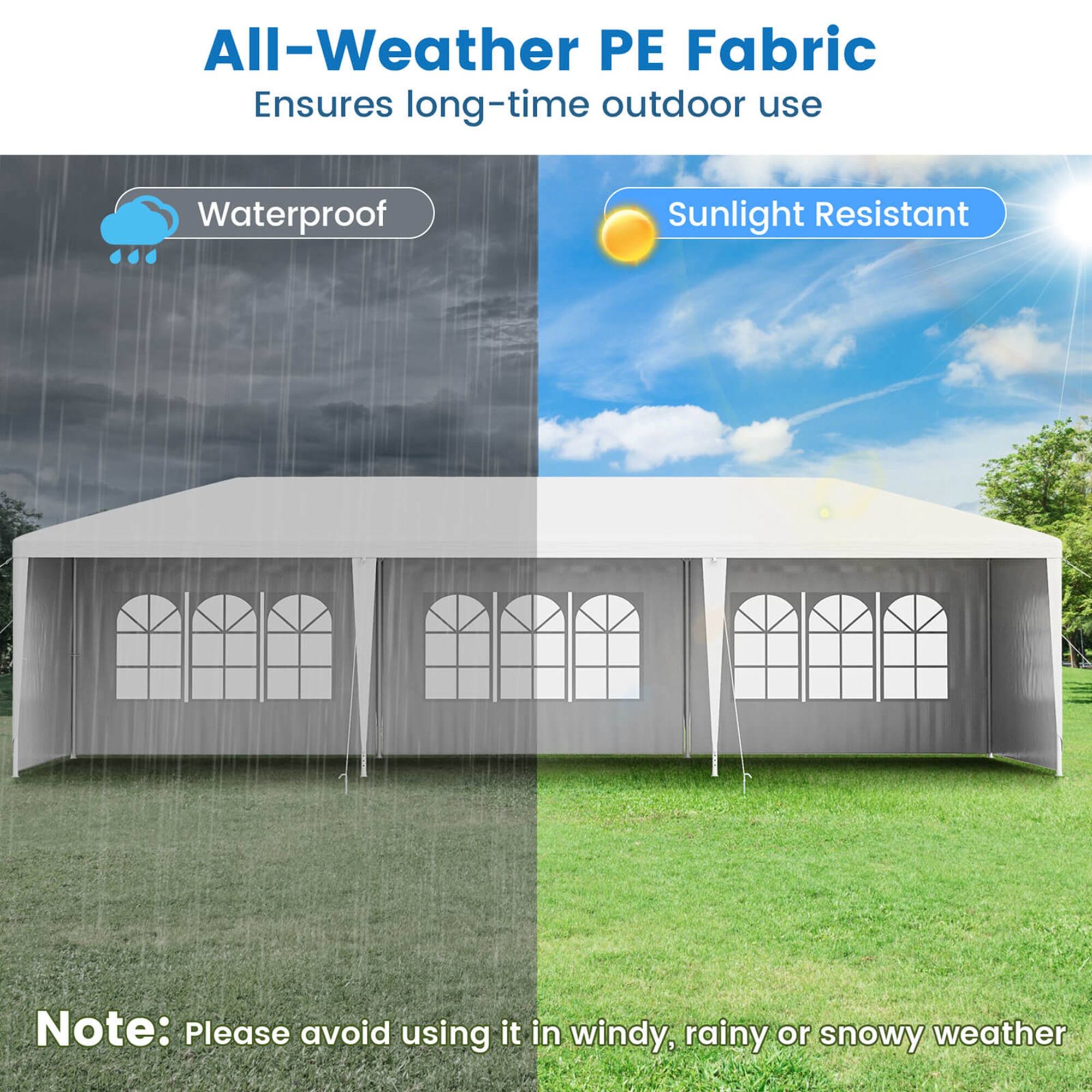 All-Weather PE Fabric
Ensures long-time outdoor use
Waterproof
Sunlight Resistant
Note: Please avoid using it in windy, rainy or snowy weather
