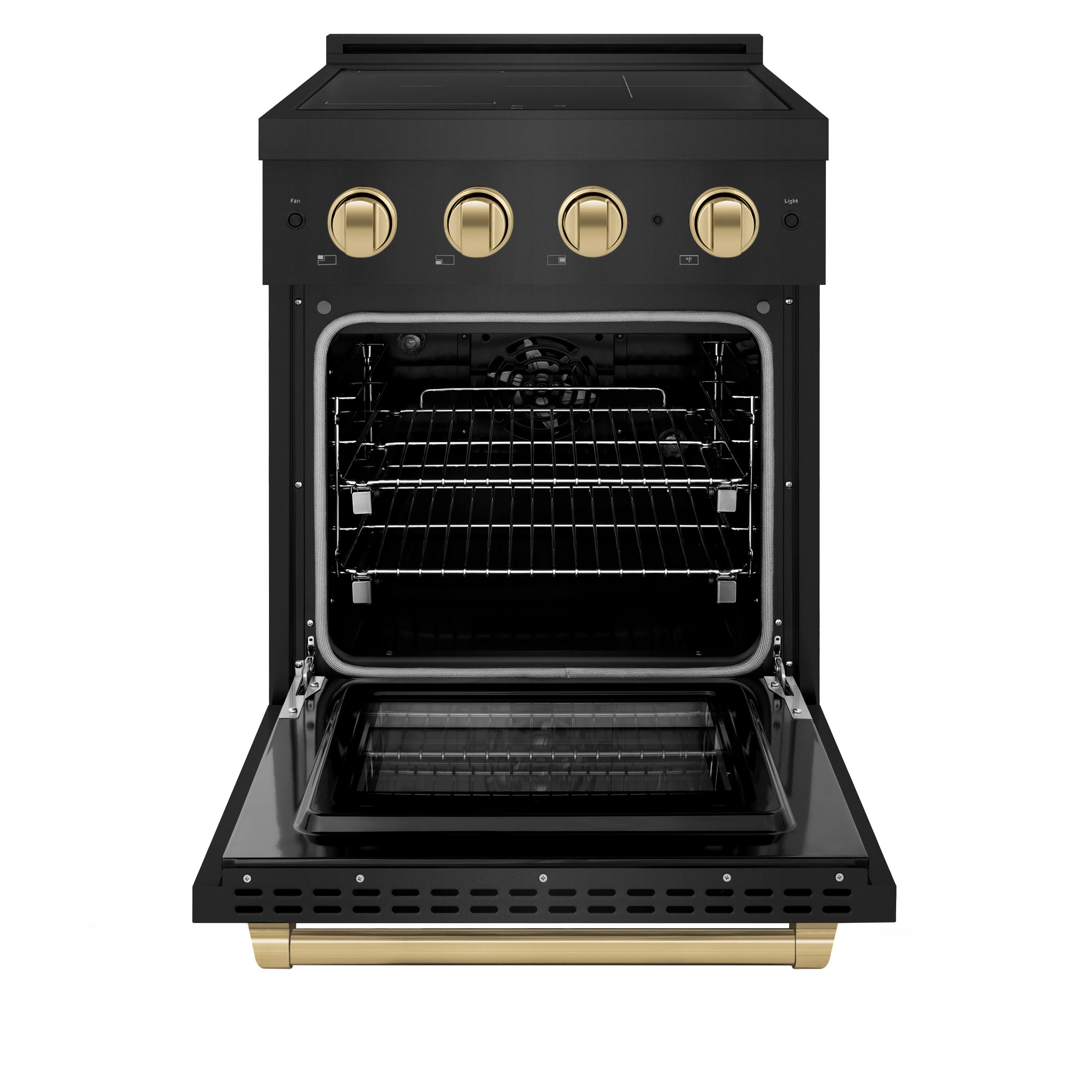 Angle. ZLINE - Autograph 24 in. 3.2 cu. ft. Paramount Freestanding Induction Range with 3 Burners in Black Steel with Bronze Accents - Black Stainless Steel.