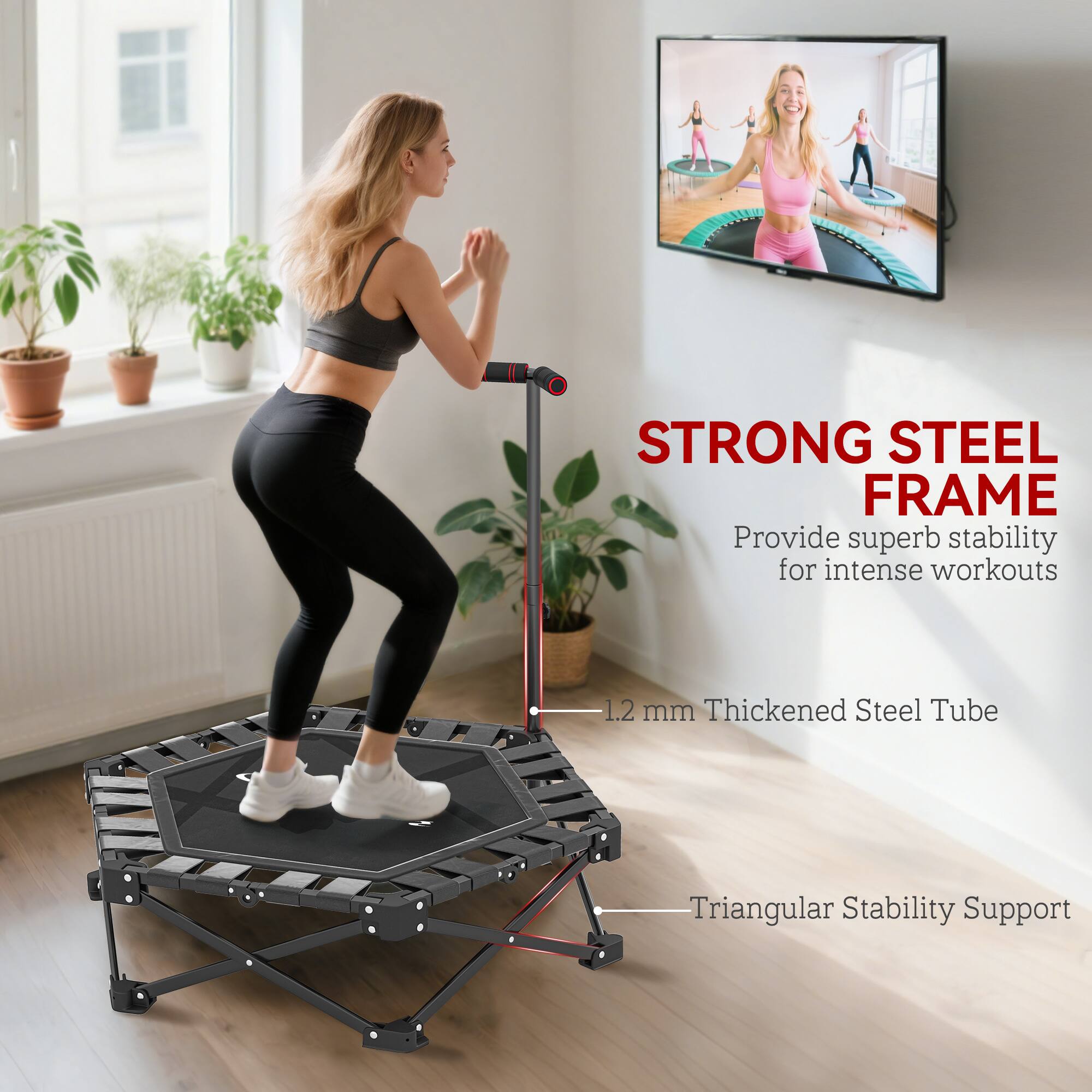 STRONG STEEL FRAME  
Provide superb stability for intense workouts  
1.2 mm Thickened Steel Tube  
Triangular Stability Support