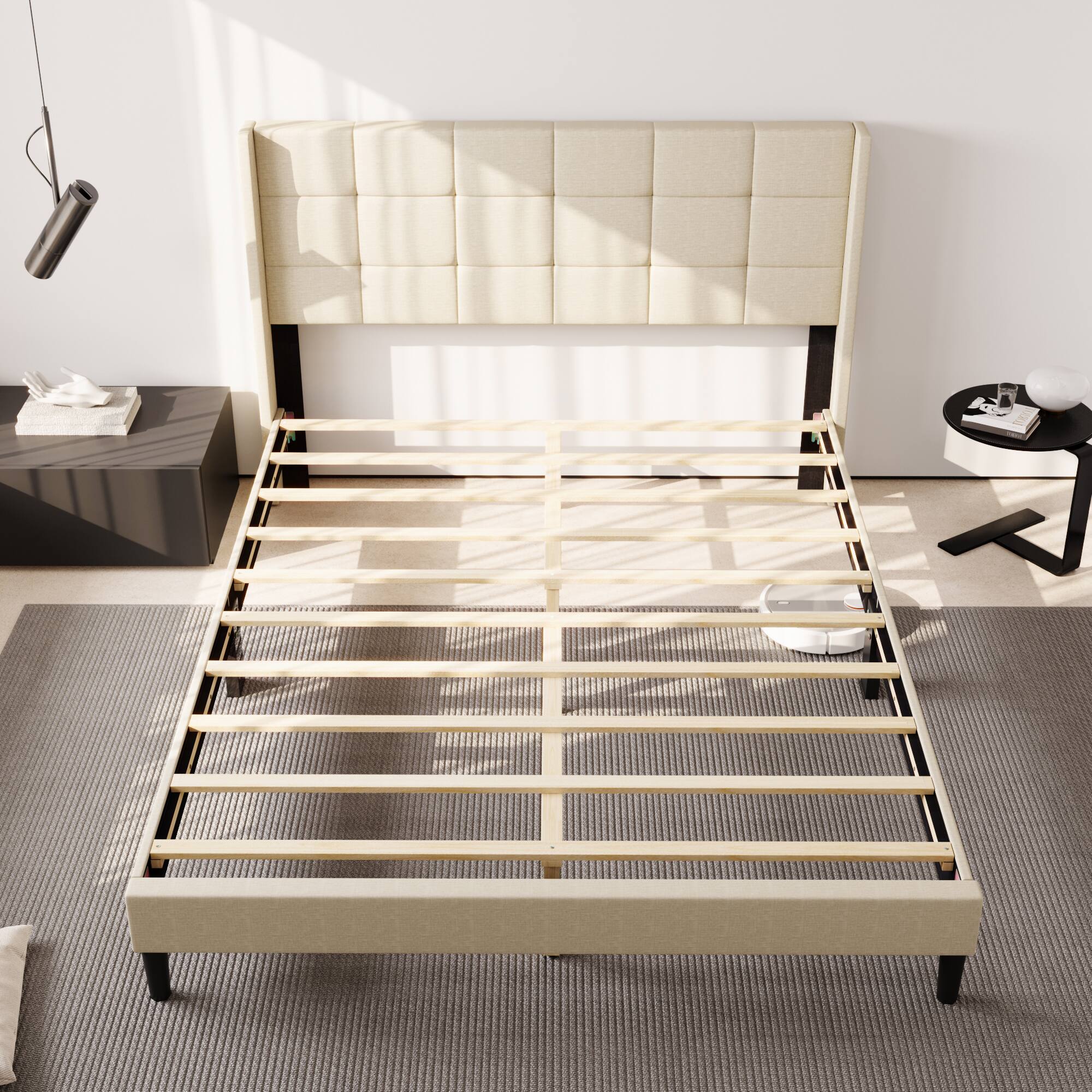 Alt View 9. Famapy - Famapy Upholstered Bed Frame - Reinforced Slats, Thickened Pine Boards for Stable Support - White.