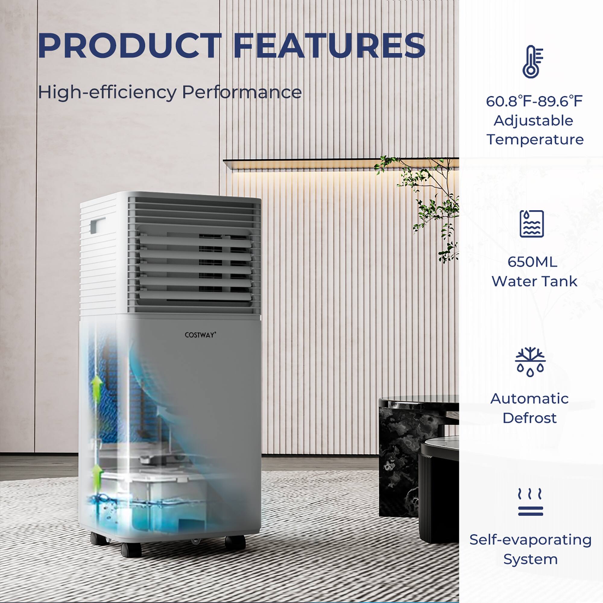 PRODUCT FEATURES:

1. High-efficiency Performance
2. 60.8F-89.6F Adjustable Temperature
3. 650ML Water Tank
4. COSTWAY Automatic Defrost
5. Self-evaporating System