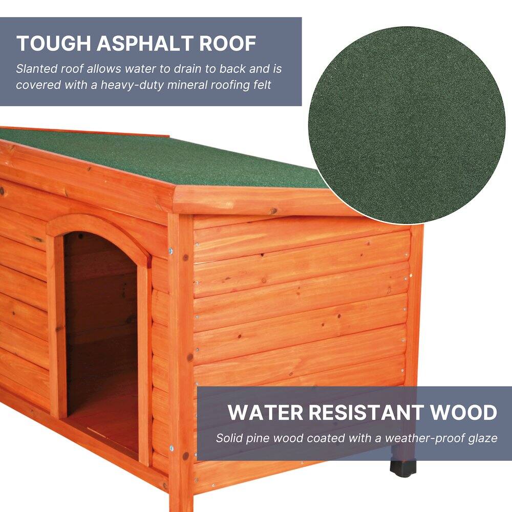TOUGH ASPHALT ROOF  
Slanted roof allows water to drain to back and is covered with a heavy-duty mineral roofing felt  

WATER RESISTANT WOOD  
Solid pine wood coated with a weather-proof glaze