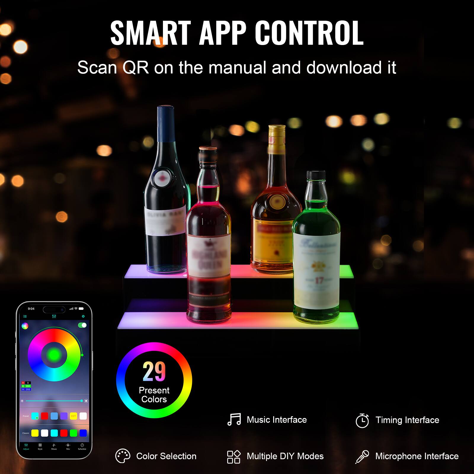 SMART APP CONTROL  
Scan QR on the manual and download it  

- 29 Present Colors  
- Music Interface  
- Timing Interface  
- Color Selection  
- Multiple DIY Modes  
- Microphone Interface