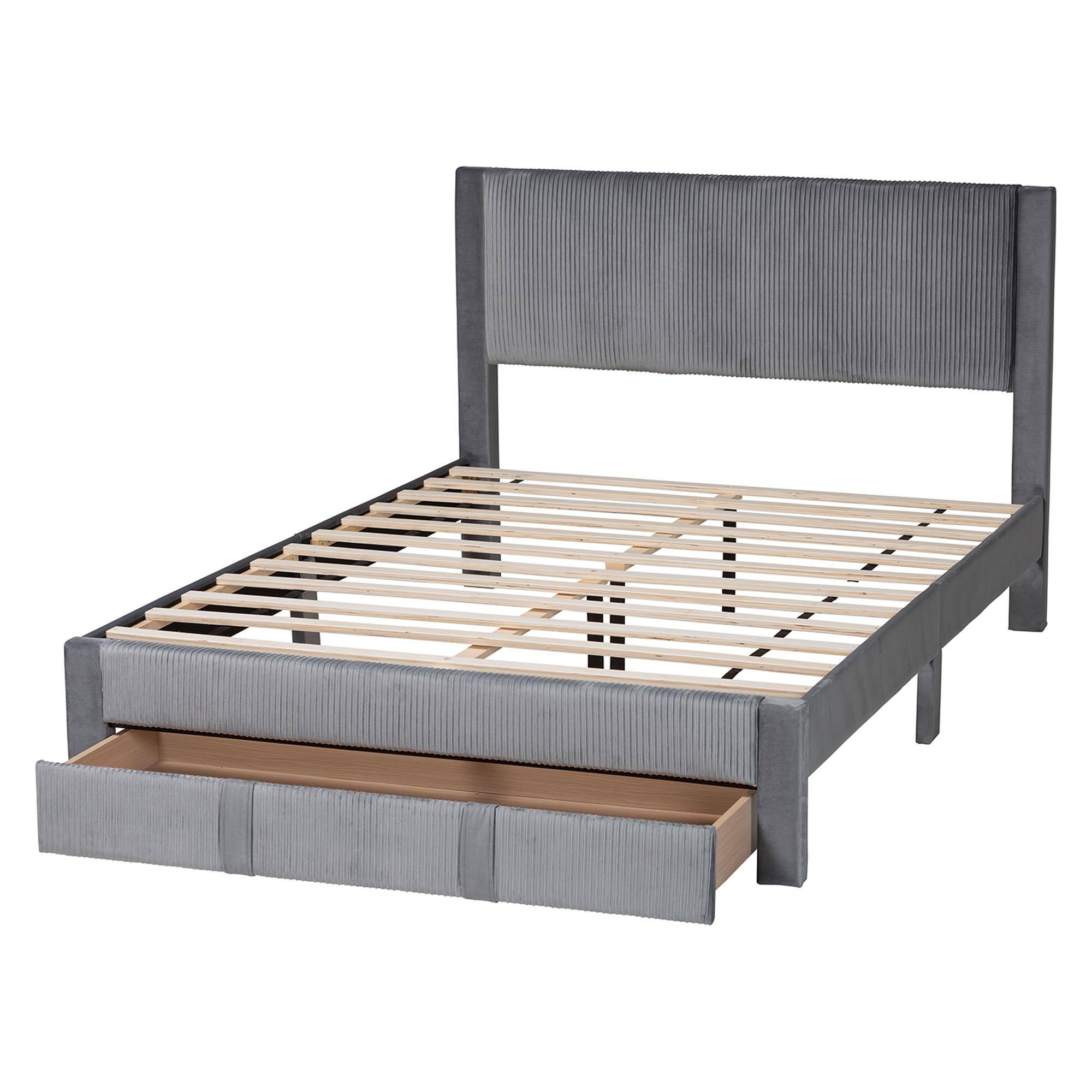 Alt View 1. Baxton Studio - Elora Modern Pleated Velvet Queen Size Storage Bed - Grey.