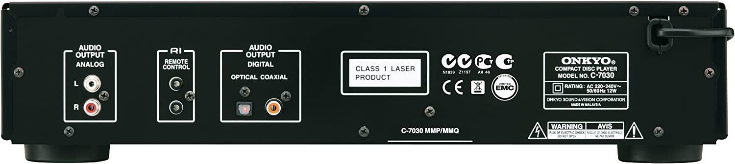 Sure, here is the corrected and grouped text from the image:

---

**AUDIO OUTPUT ANALOG**  
L R

**REMOTE CONTROL**

**AUDIO OUTPUT DIGITAL**  
OPTICAL COAXIAL

**CLASS 1 LASER PRODUCT**

**ONKYO**  
COMPACT DISC PLAYER  
MODEL NO. C-7030  
RATING: AC 220-240V~ 50/60Hz 12W  
ONKYO SOUND VISION CORPORATION  
MADE IN MALAYSIA

**C-7030 MMP/MMQ**

**WARNING**  
RISK OF ELECTRIC SHOCK  
DO NOT OPEN

**AVIS**  
RISQUE DE CHOC ÉLECTRIQUE  
NE PAS OUVRIR

**N1839 Z1197 AR 46**  
CE  
EMC

---