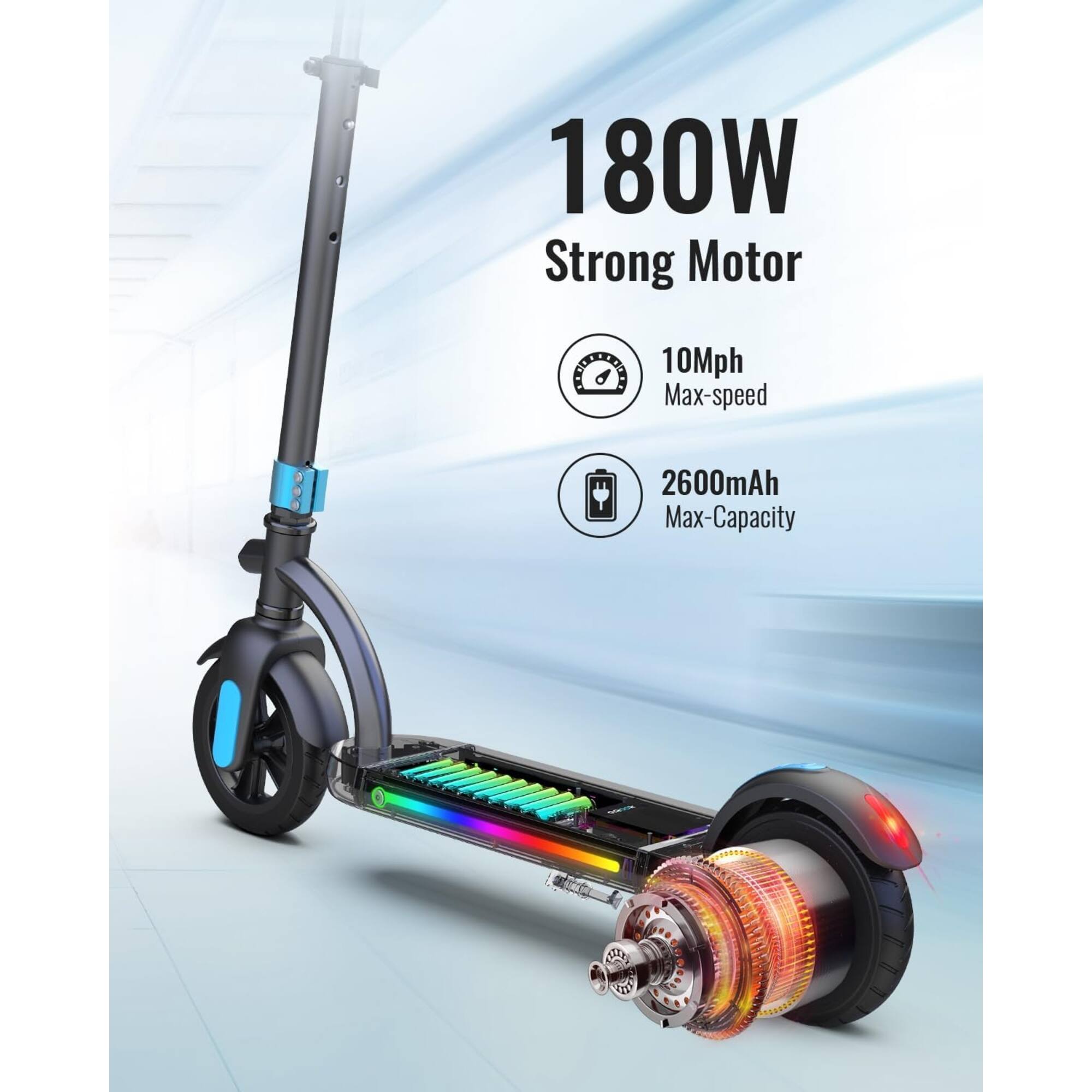 180W Strong Motor  
10Mph Max-speed  
2600mAh Max-Capacity