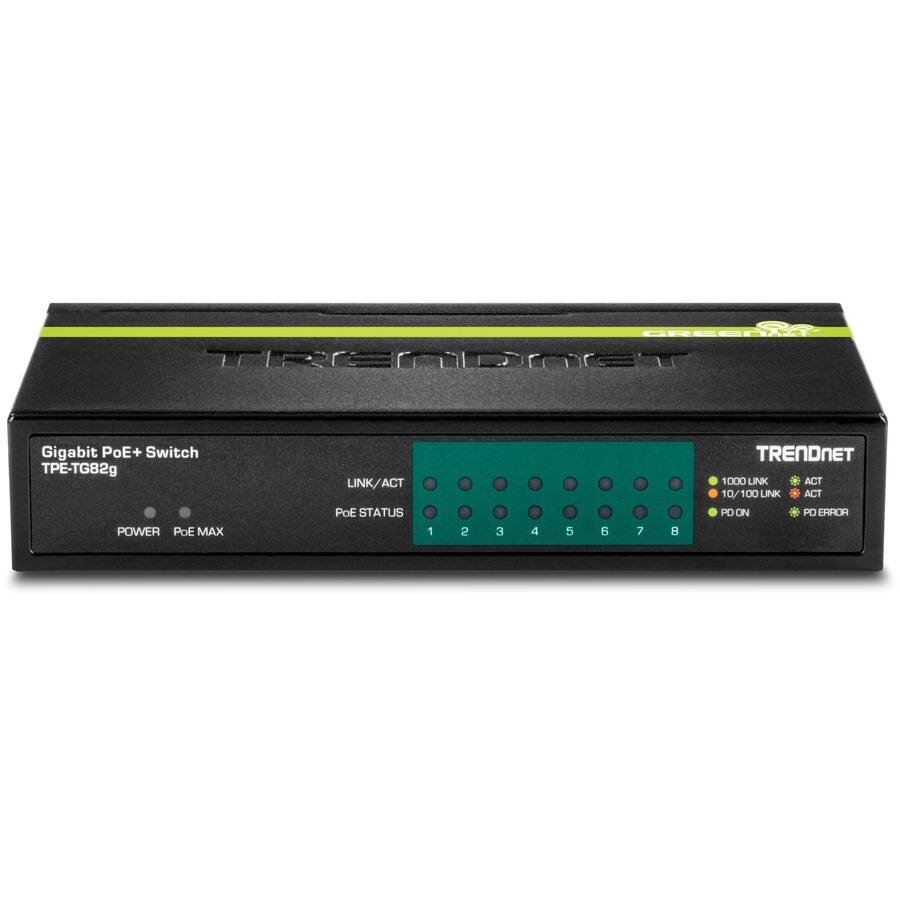 Gigabit PoE+ Switch  
TPE-TG82g  

POWER  
PoE MAX  

LINK/ACT  
1 2 3 4 5 6 7 8  

PoE STATUS  
1  

TRENDnet  

1000 LINK  
10/100 LINK  
PD ON  
PD ERROR