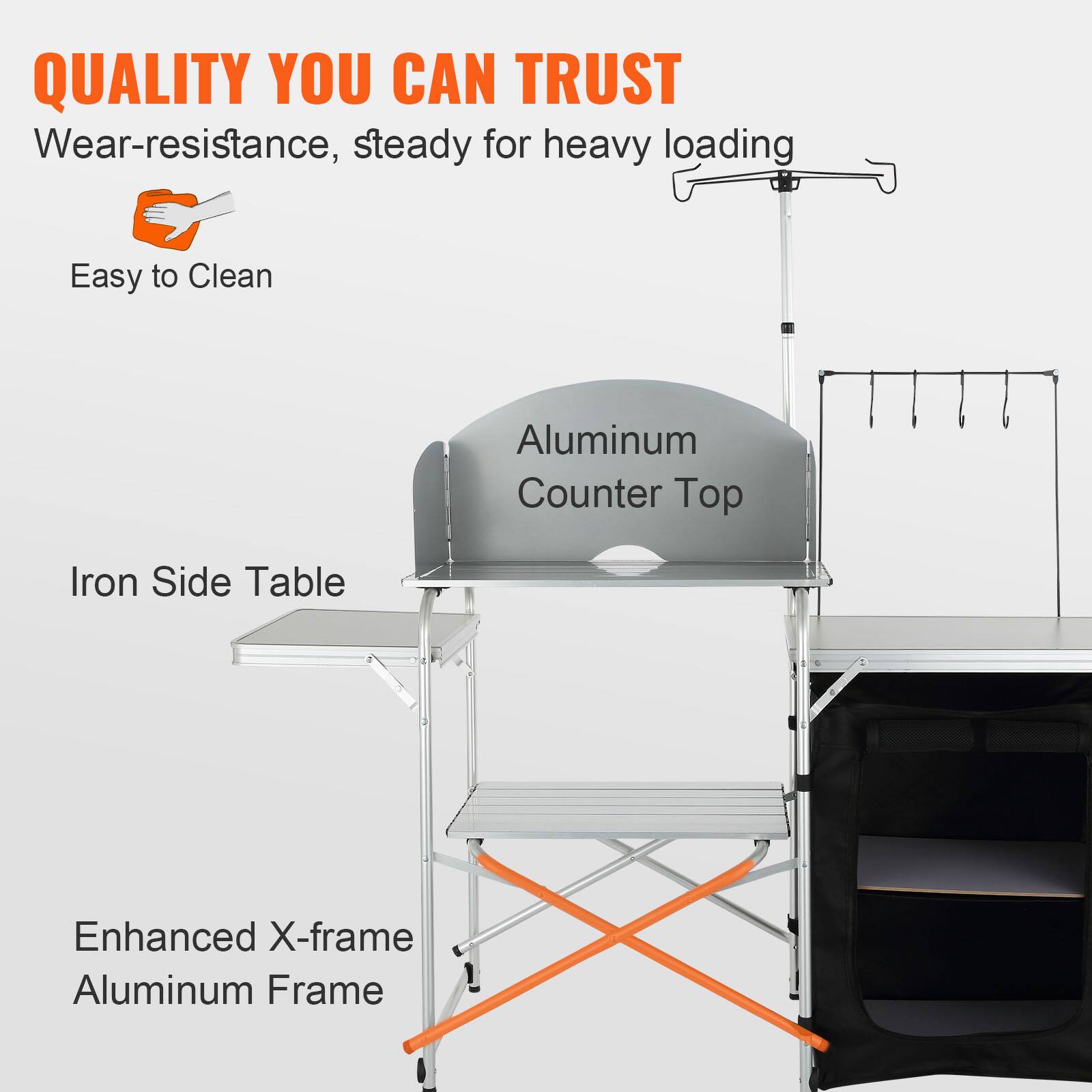 QUALITY YOU CAN TRUST
Wear-resistance, steady for heavy loading
Easy to Clean
Aluminum Counter Top
Iron Side Table
Enhanced X-frame Aluminum Frame