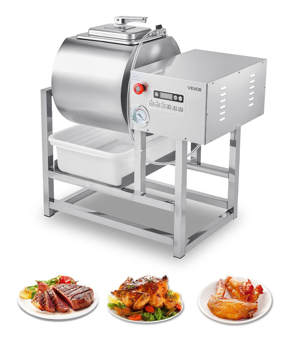 VEVOR - Commercial Meat Tumbler Marinator, 40L Vacuum Tumbler Marinating Machine with Bidirectional Rotation and 3-Speed - Silver