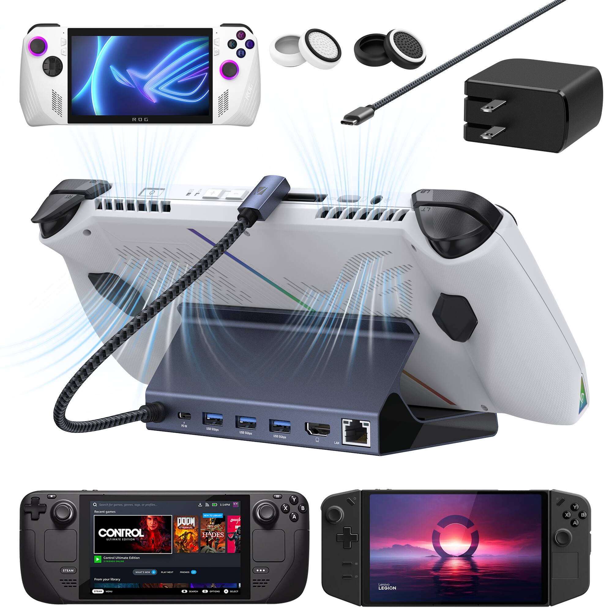 iVANKY - 8-in-1 Docking Station with 65W PD Charger for Valve Steam Deck OLED/ASUS ROG Ally/Lenovo Legion Go/MSI Claw - Black