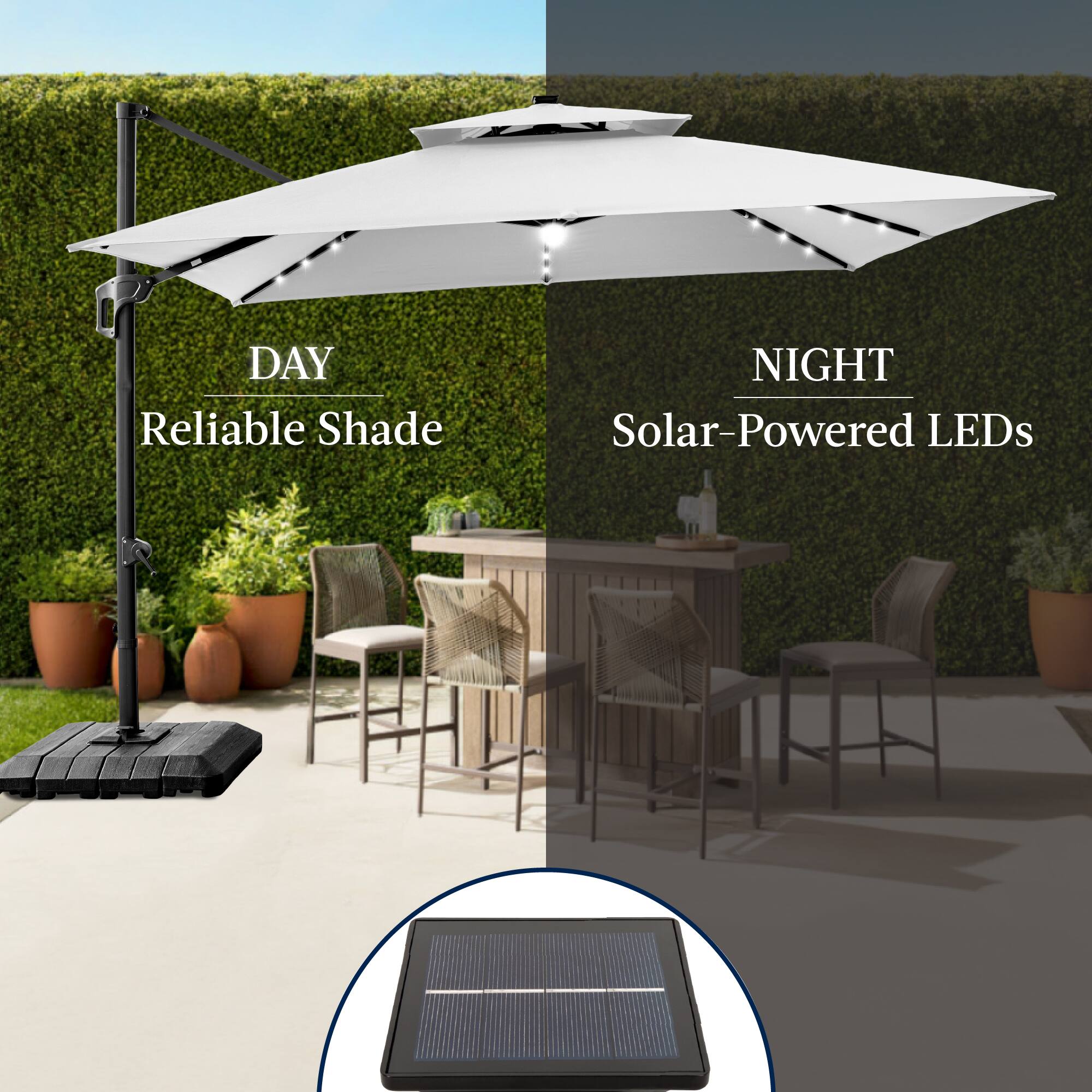DAY  
Reliable Shade  

NIGHT  
Solar-Powered LEDs