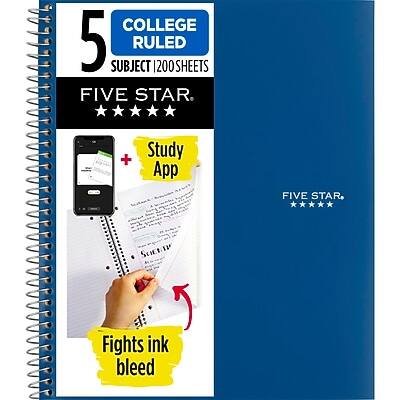 COLLEGE RULED  
5 SUBJECT | 200 SHEETS  

FIVE STAR  

Study App  

Fights ink bleed  

FIVE STAR