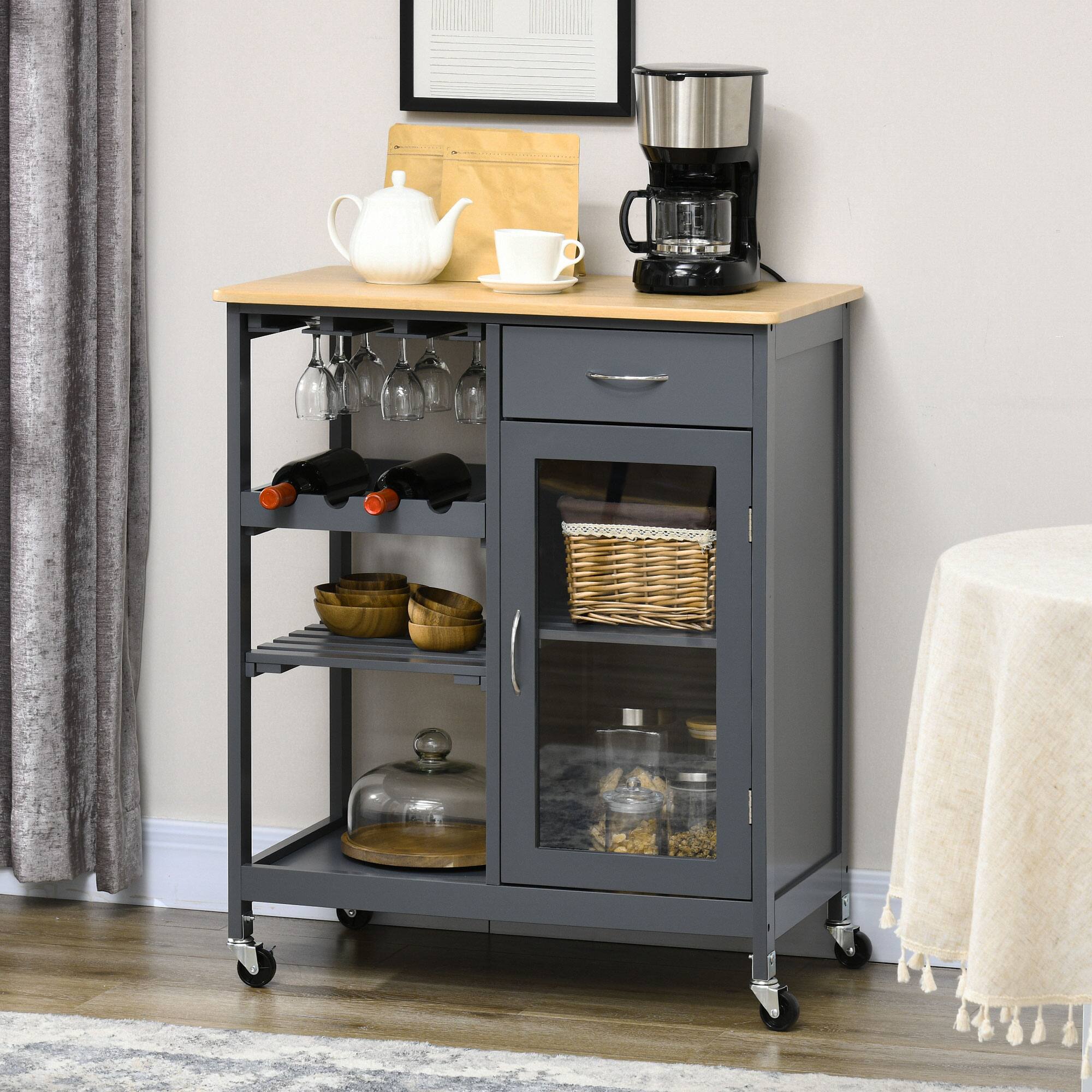 Alt View 1. Homcom - Kitchen Island with Storage, Kitchen Cart with 4-bottle Wine Rack, Bar Cart with Stemware Holder, Shelves - Grey.
